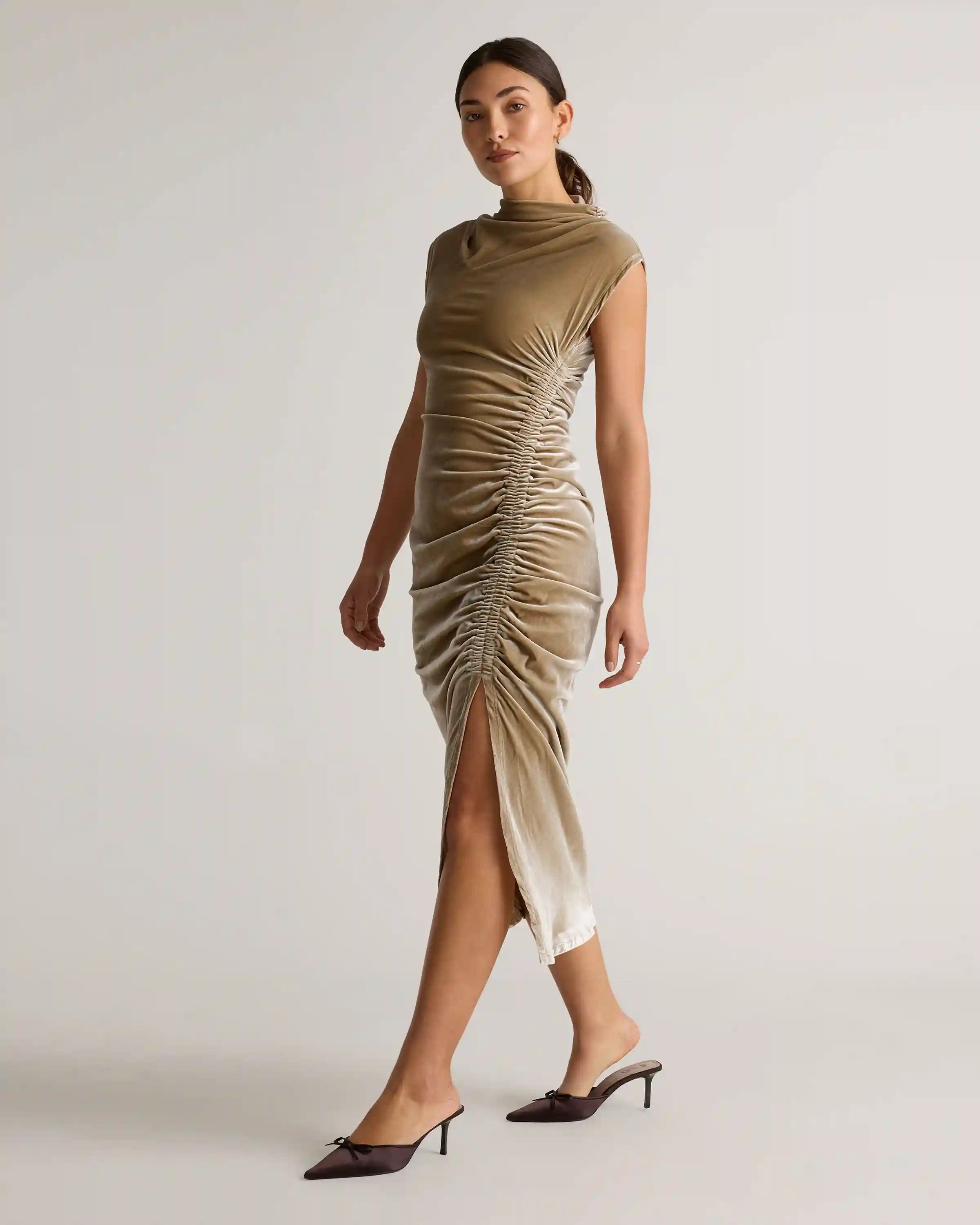 Stretch Silk Velvet Ruched Midi Dress