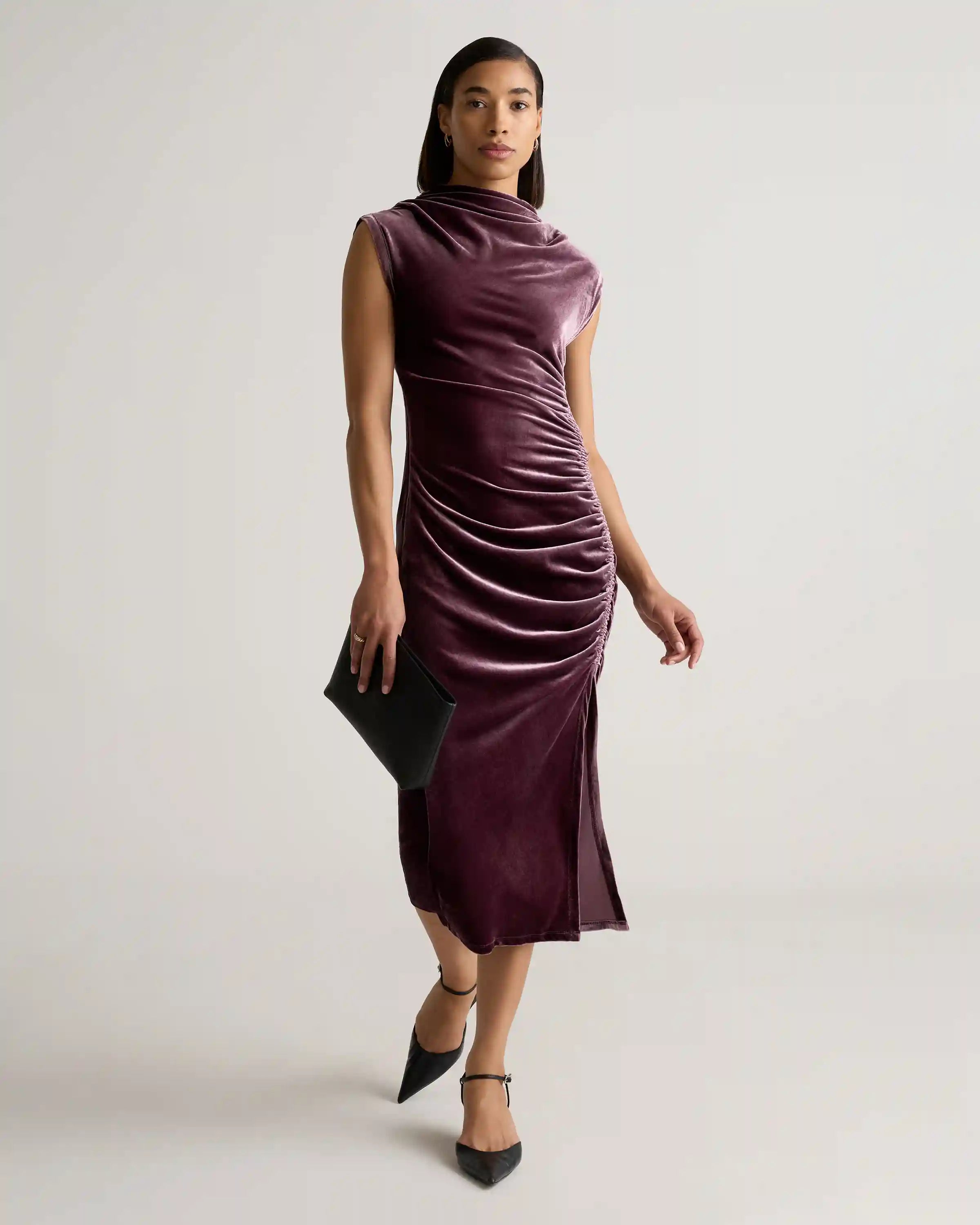 Stretch Silk Velvet Ruched Midi Dress