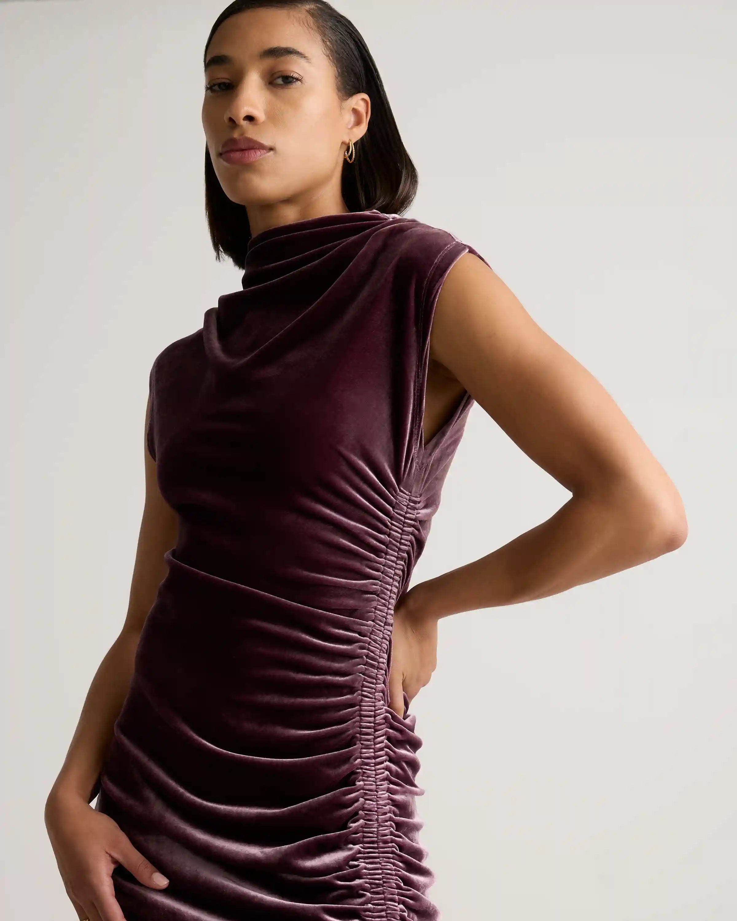 Stretch Silk Velvet Ruched Midi Dress