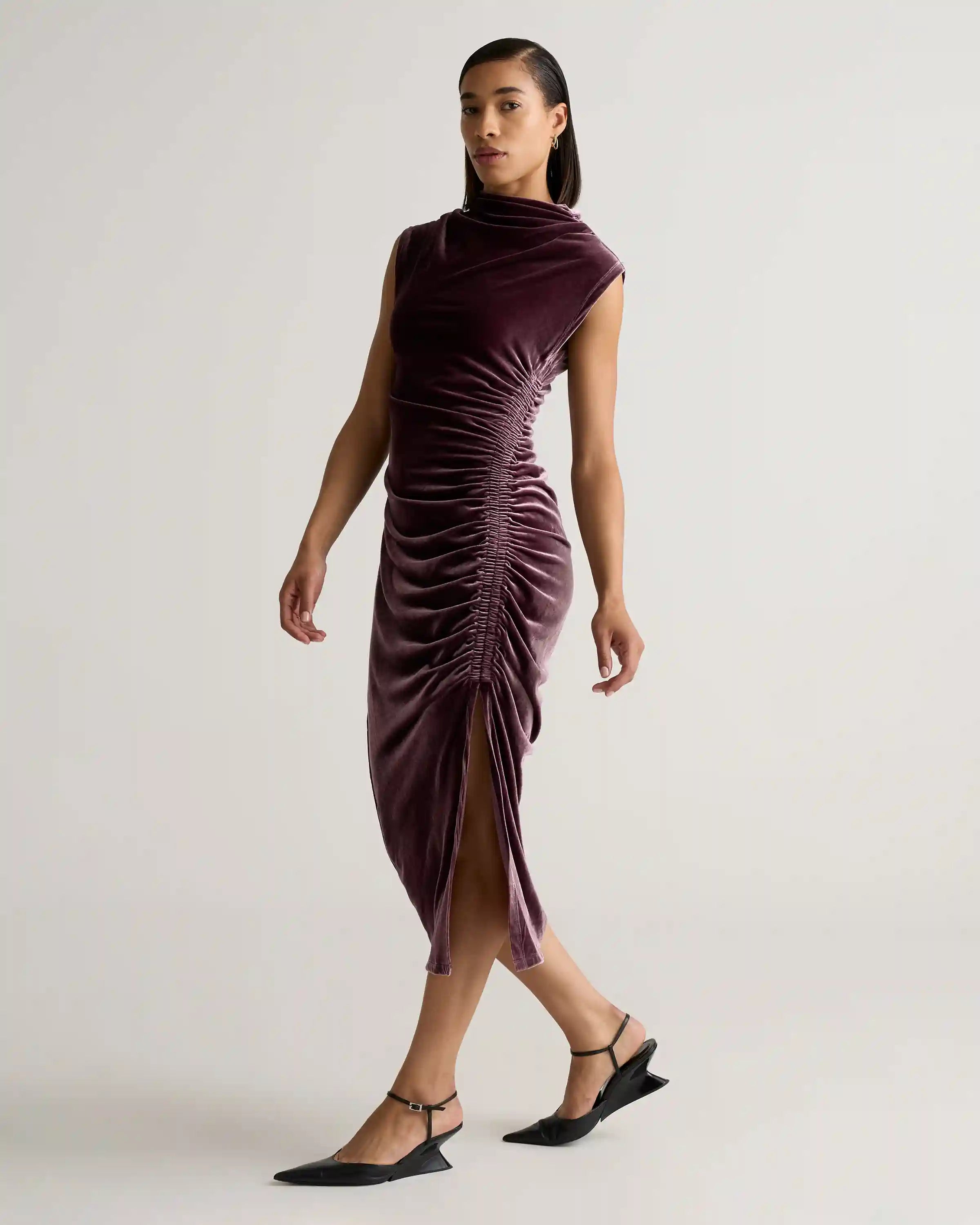 Stretch Silk Velvet Ruched Midi Dress