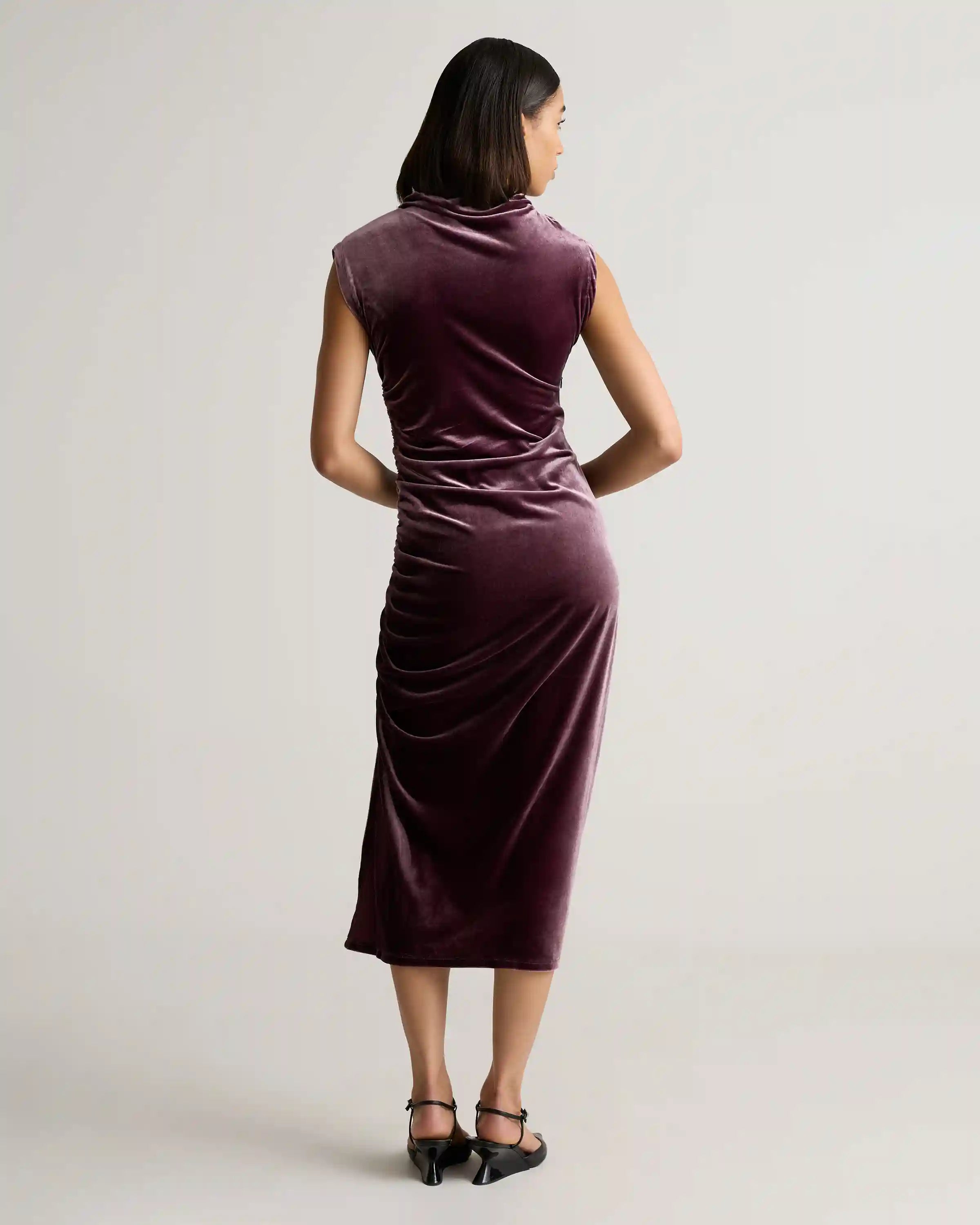 Stretch Silk Velvet Ruched Midi Dress