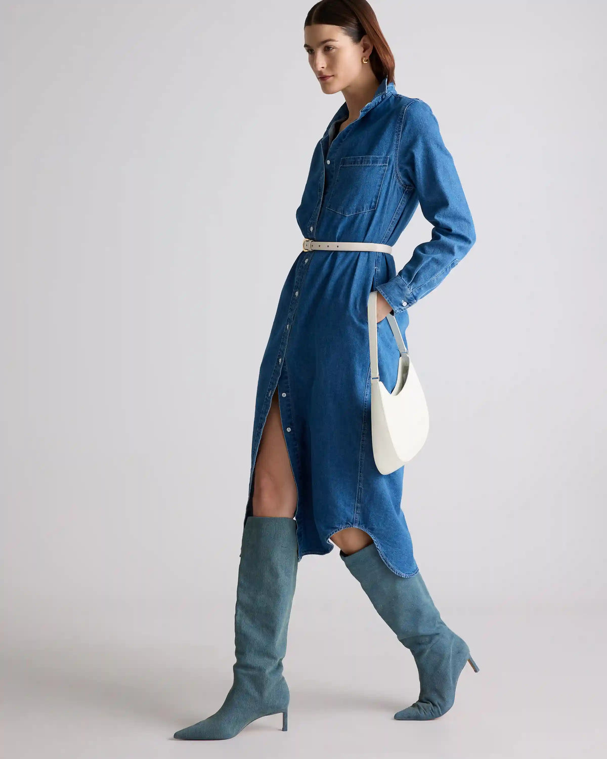 Distressed Denim Maxi Shirt Dress