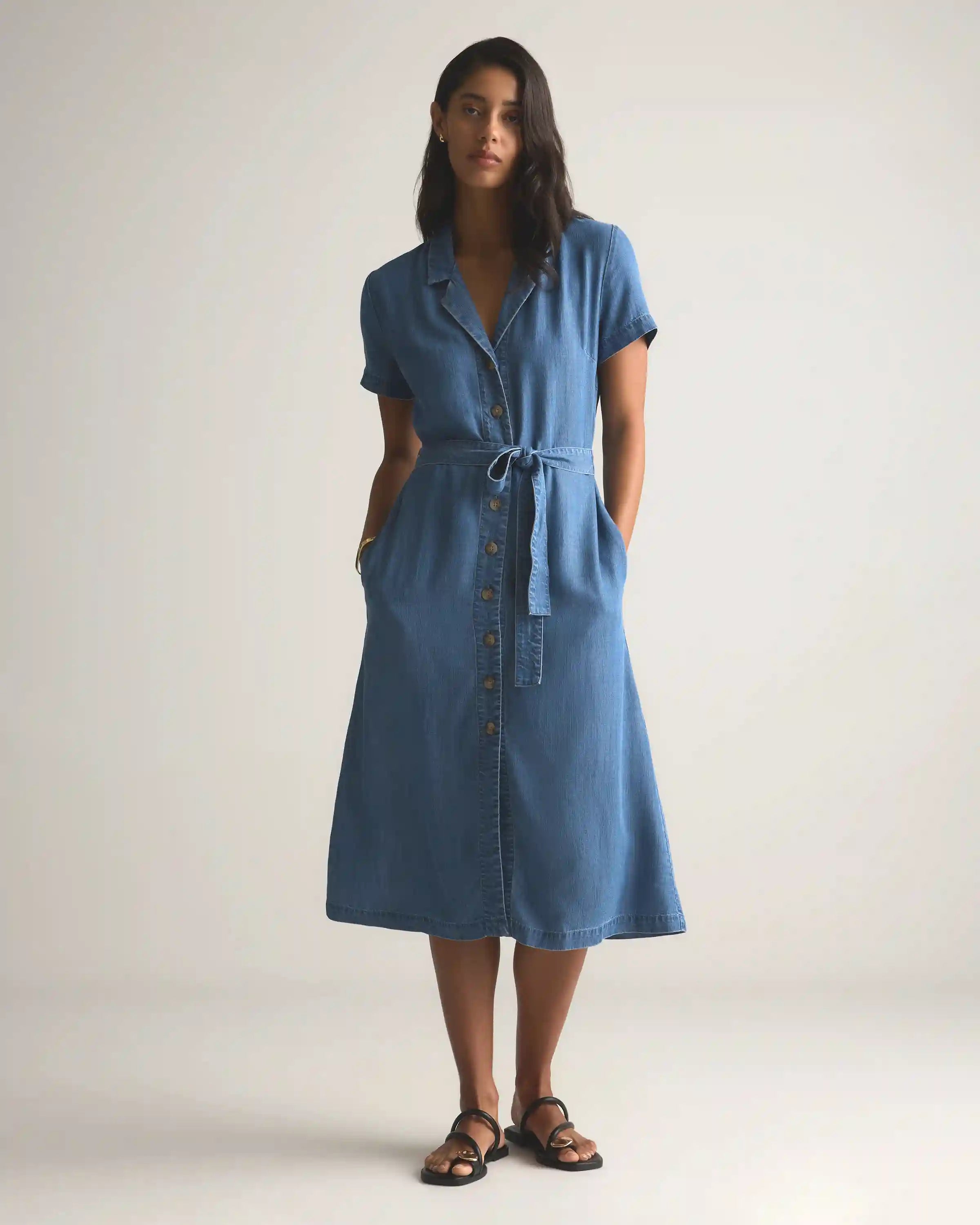Chambray Tencel Button Front Dress