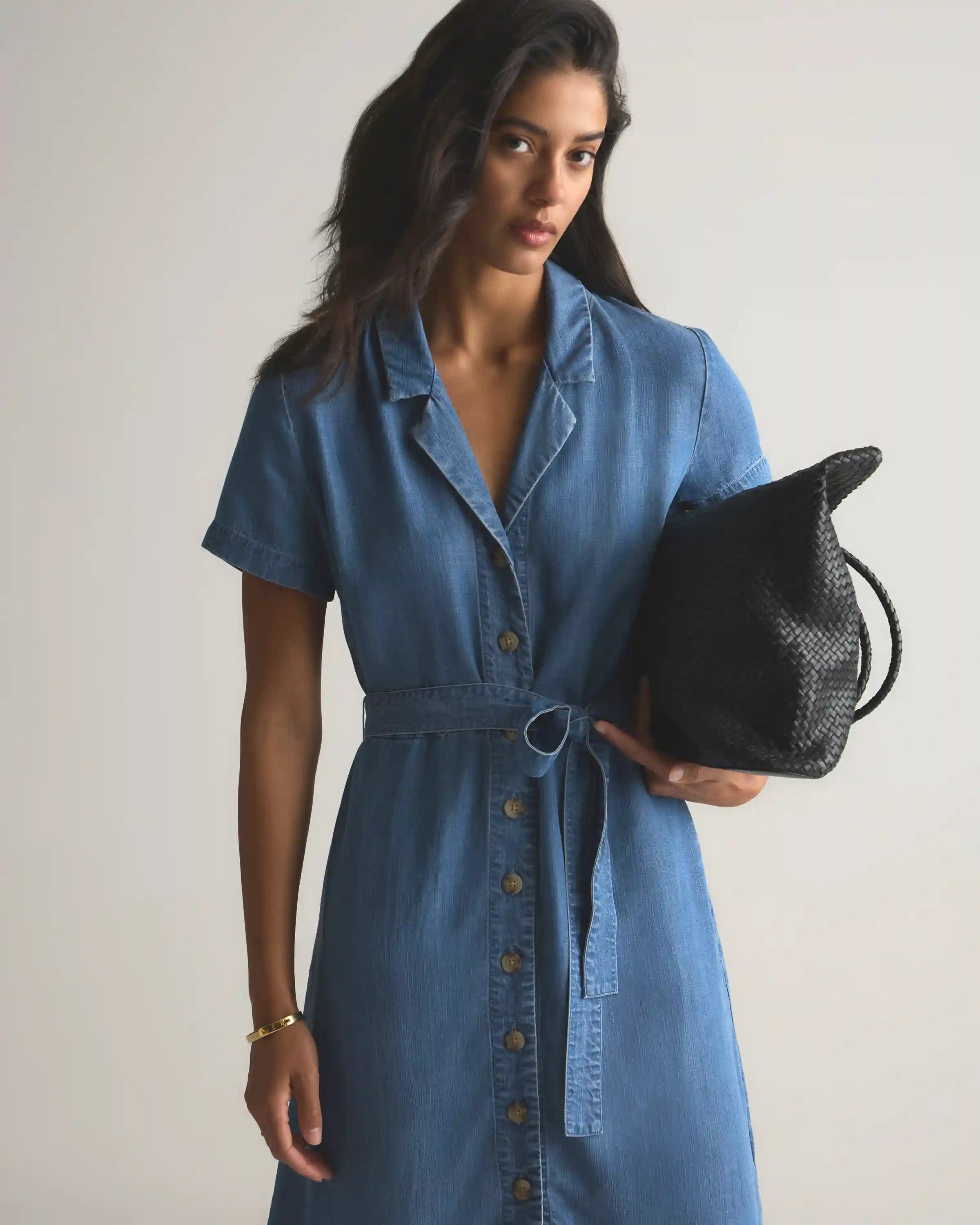 Chambray Tencel Button Front Dress