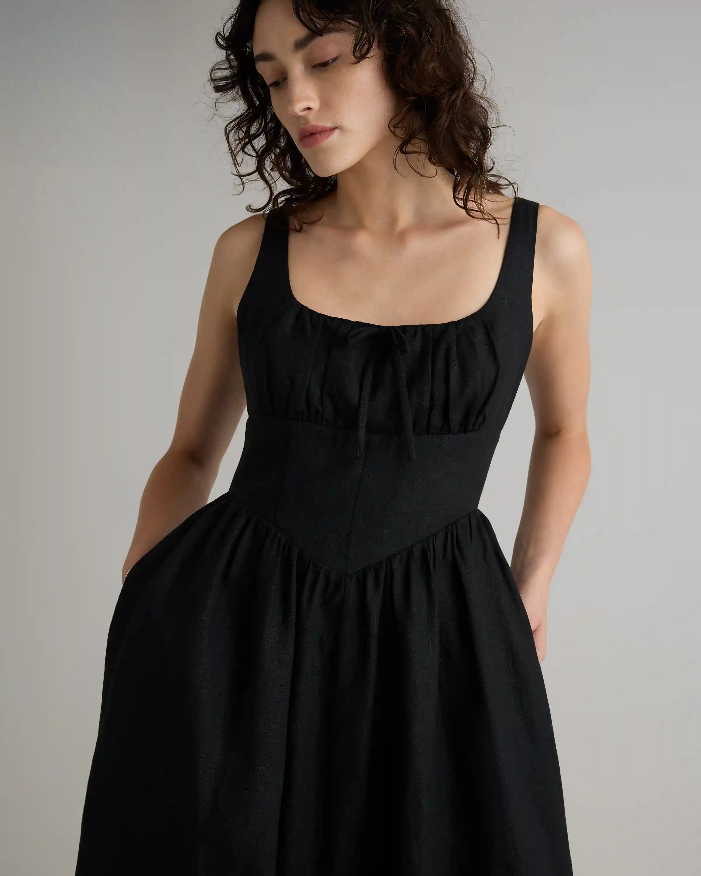 100% European Linen Corset Midi Dress