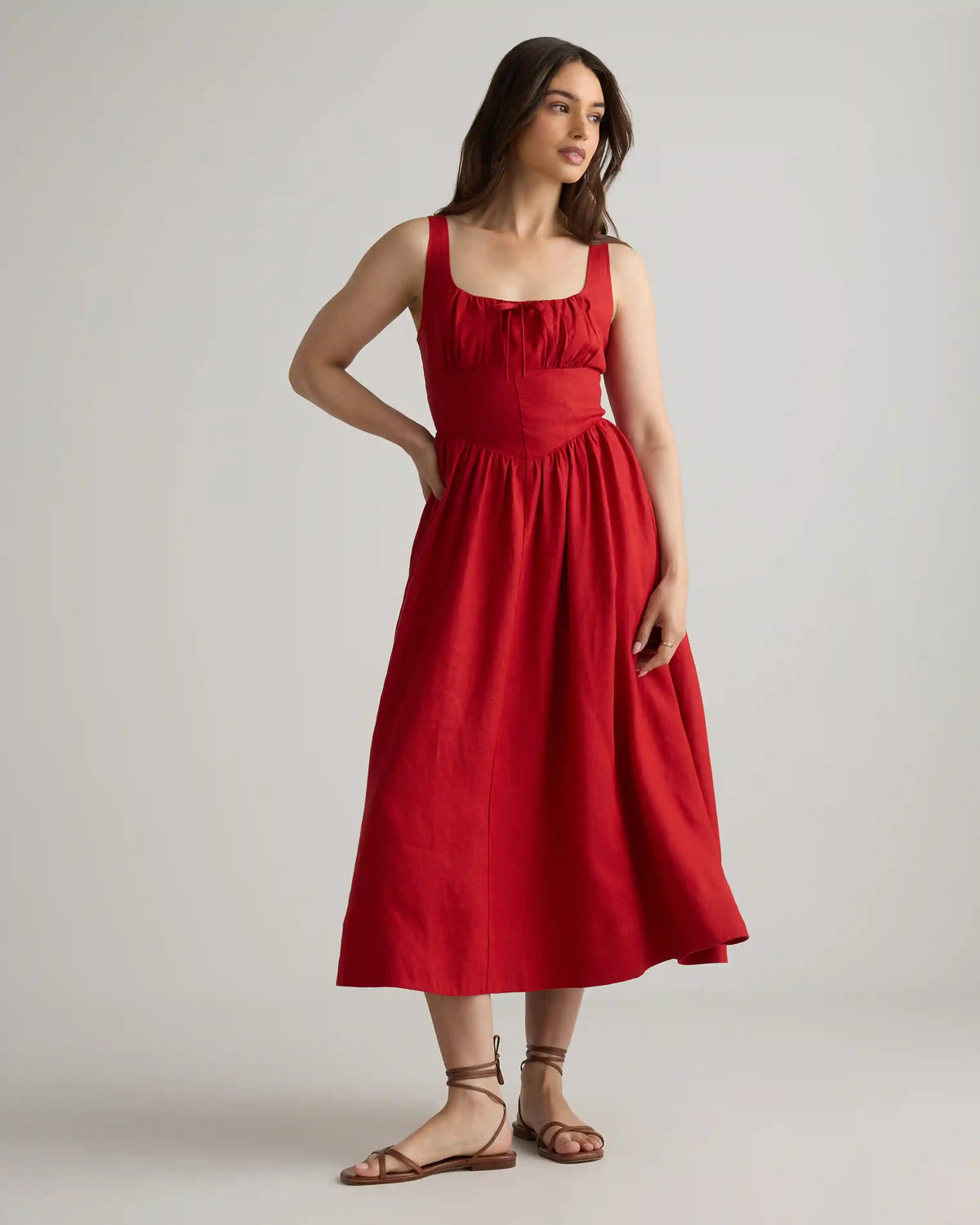 100% European Linen Corset Midi Dress