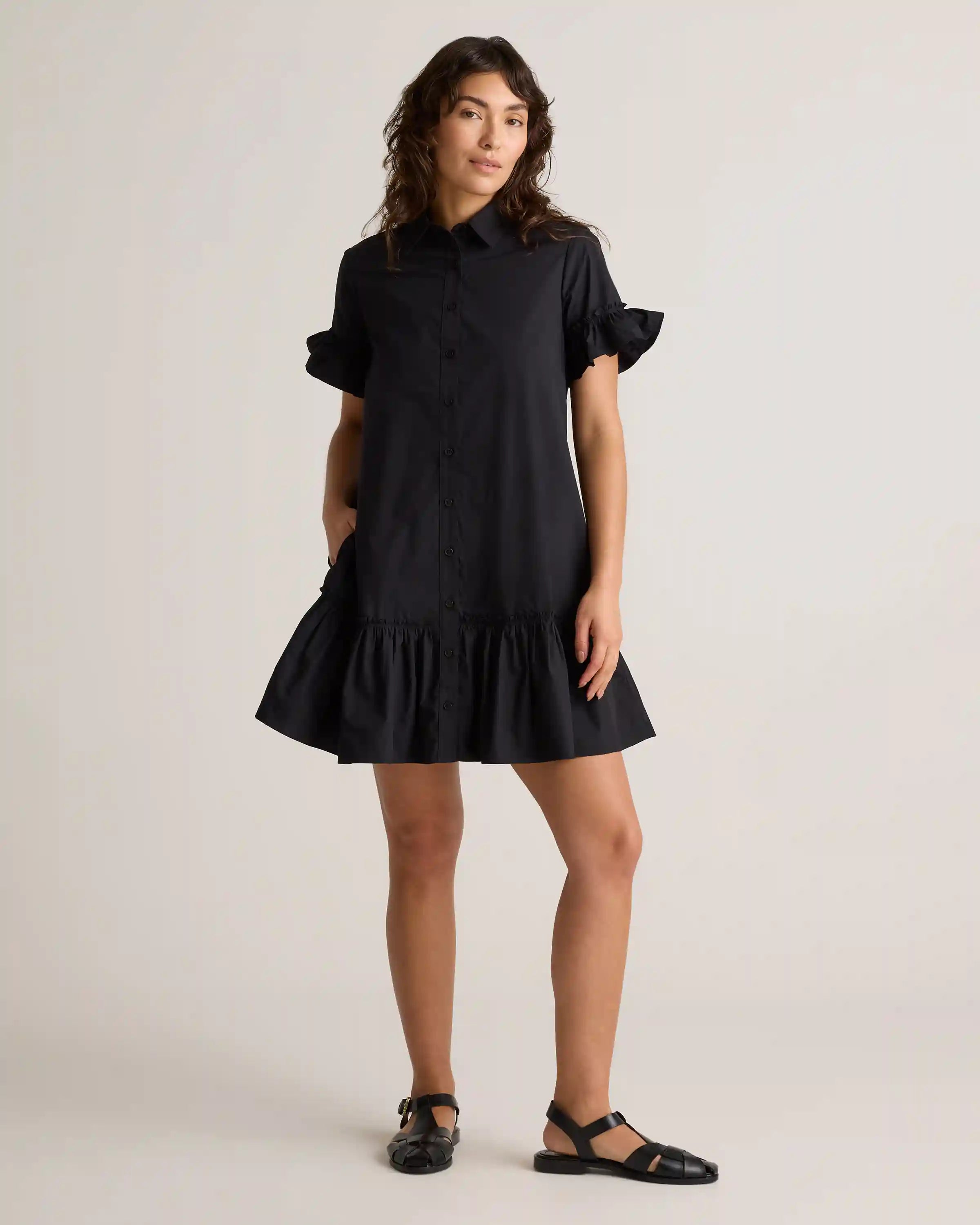 100% Organic Cotton Poplin Short Sleeve Ruffle Shirt Dress