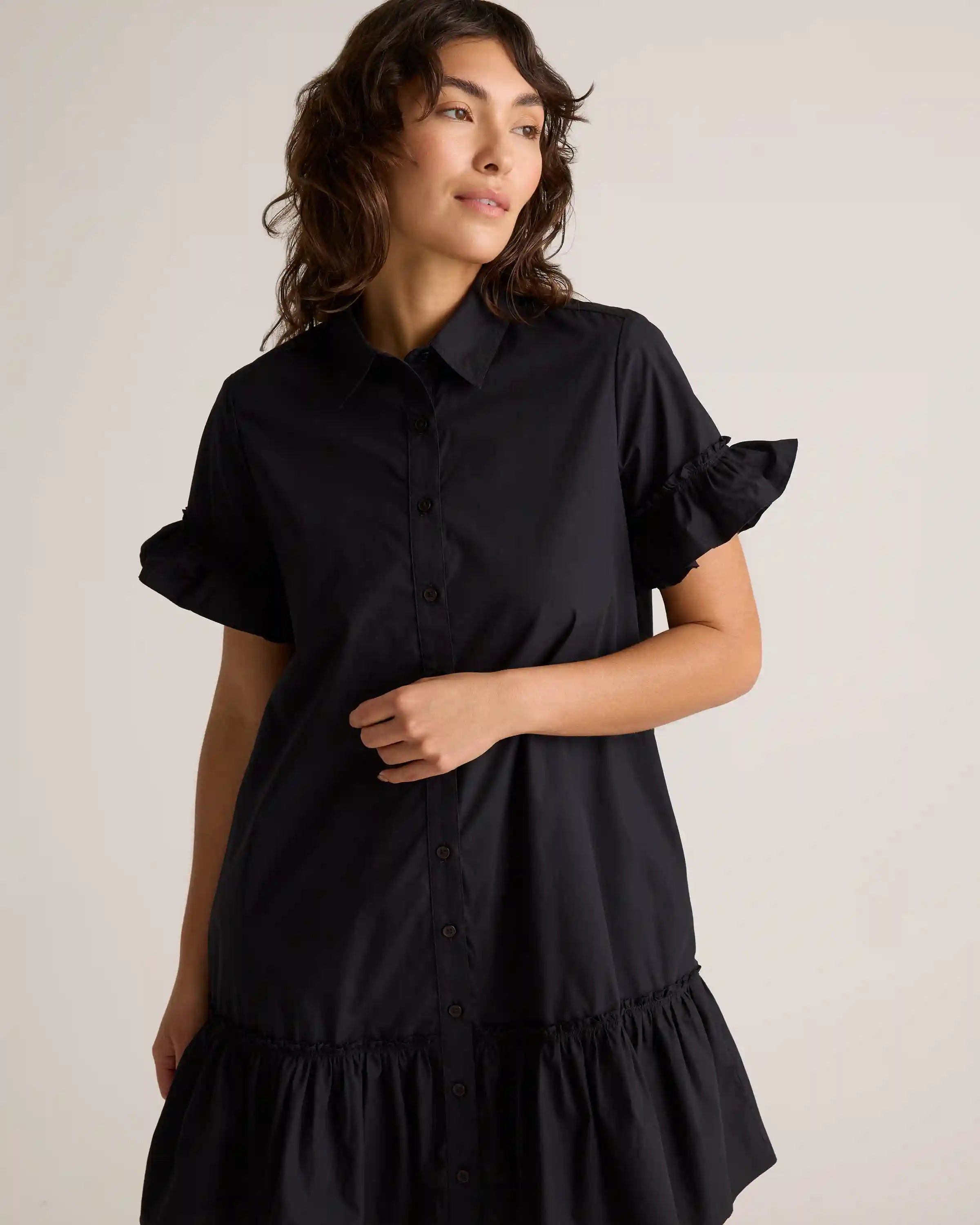 100% Organic Cotton Poplin Short Sleeve Ruffle Shirt Dress