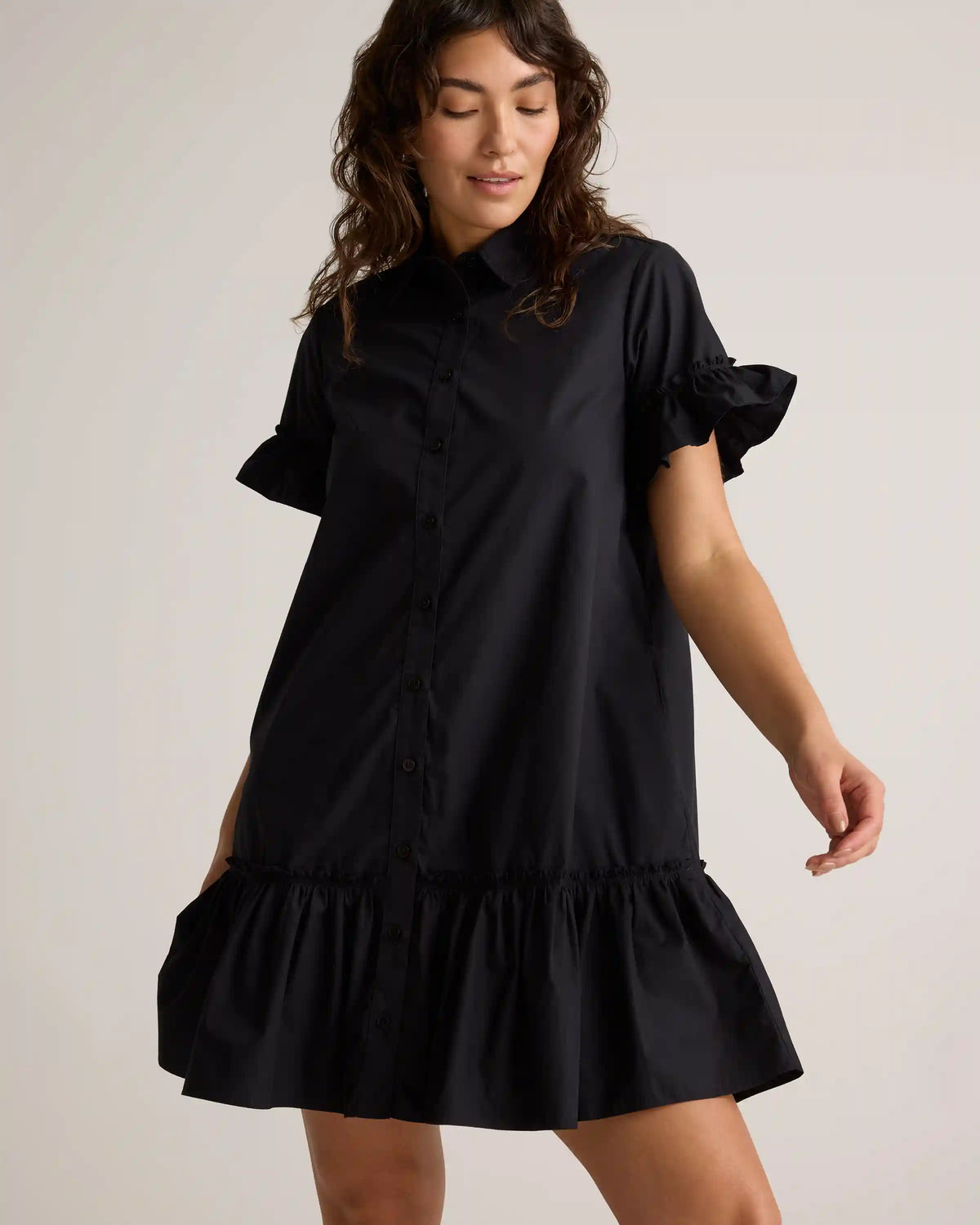 100% Organic Cotton Poplin Short Sleeve Ruffle Shirt Dress