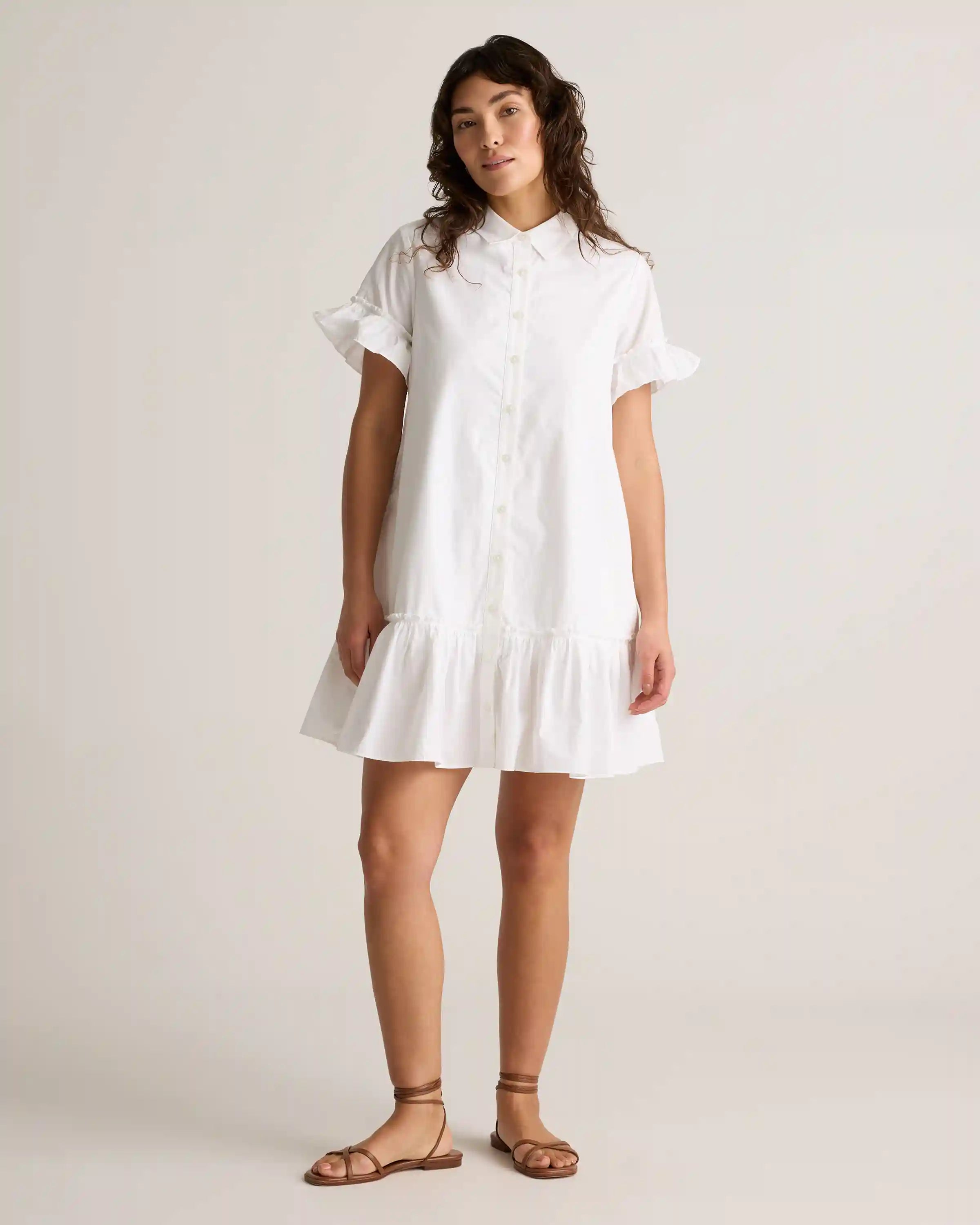 100% Organic Cotton Poplin Short Sleeve Ruffle Shirt Dress