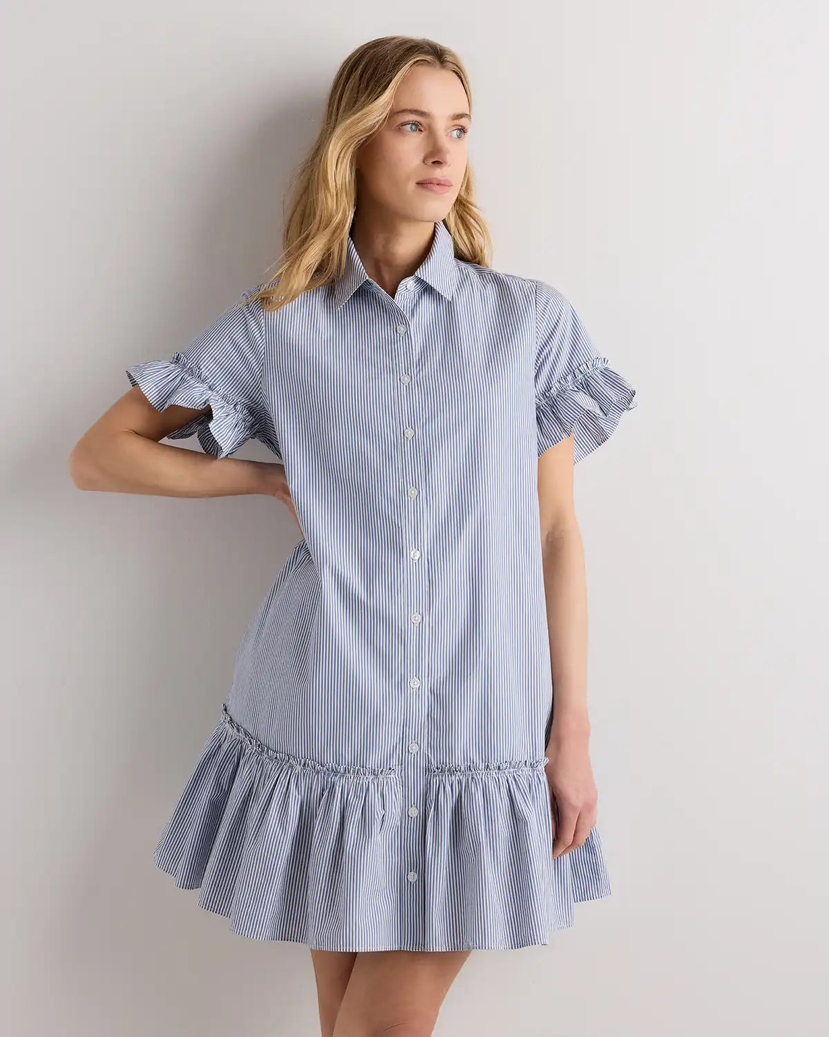 100% Organic Cotton Poplin Short Sleeve Ruffle Shirt Dress
