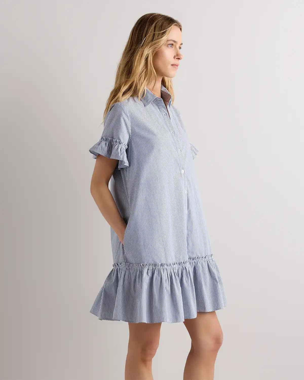 100% Organic Cotton Poplin Short Sleeve Ruffle Shirt Dress