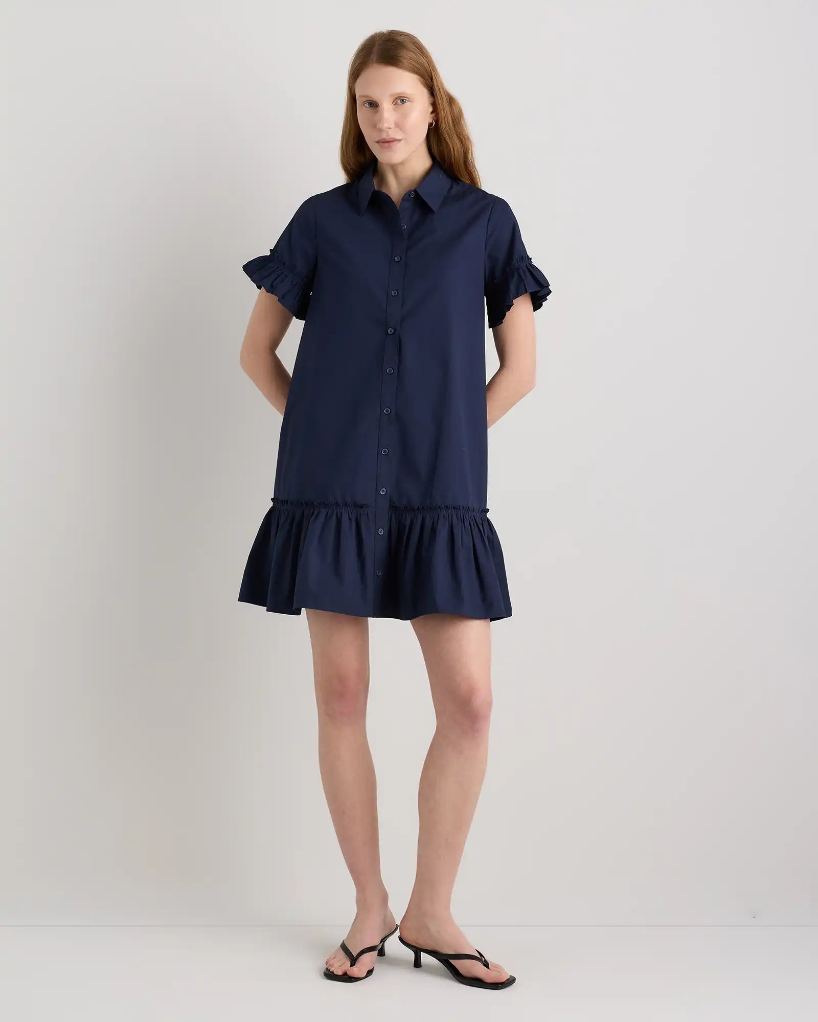 100% Organic Cotton Poplin Short Sleeve Ruffle Shirt Dress