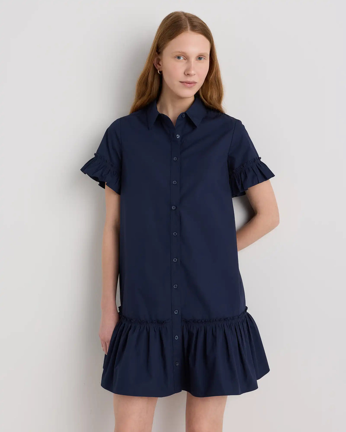 100% Organic Cotton Poplin Short Sleeve Ruffle Shirt Dress