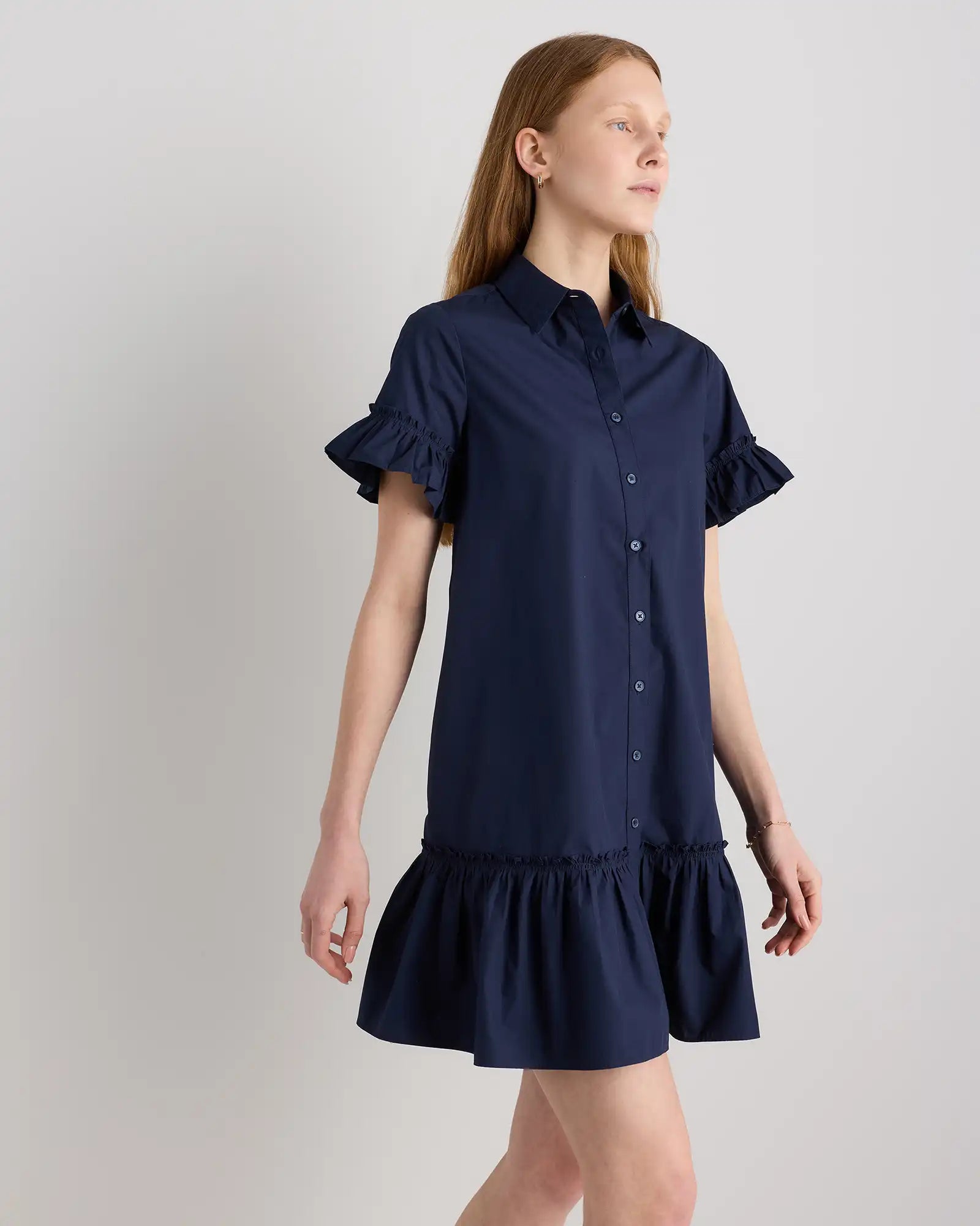 100% Organic Cotton Poplin Short Sleeve Ruffle Shirt Dress