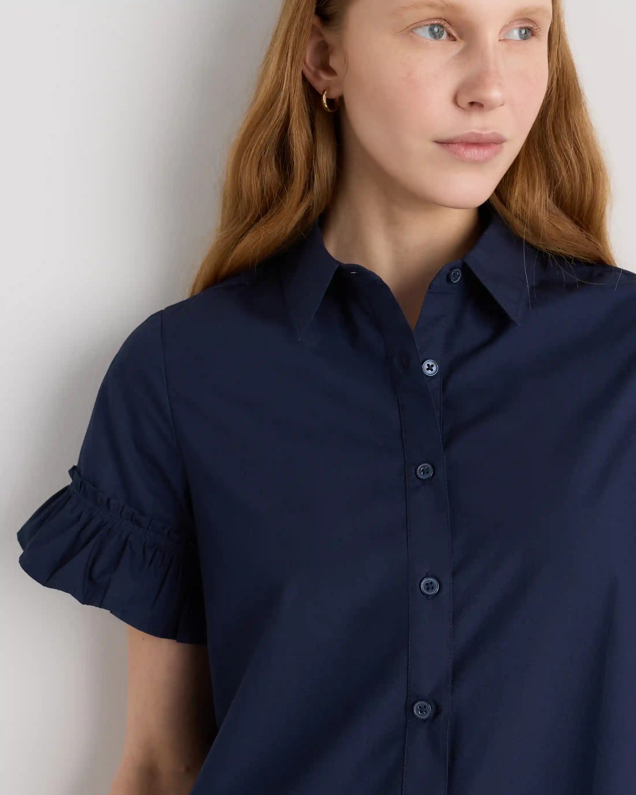 100% Organic Cotton Poplin Short Sleeve Ruffle Shirt Dress