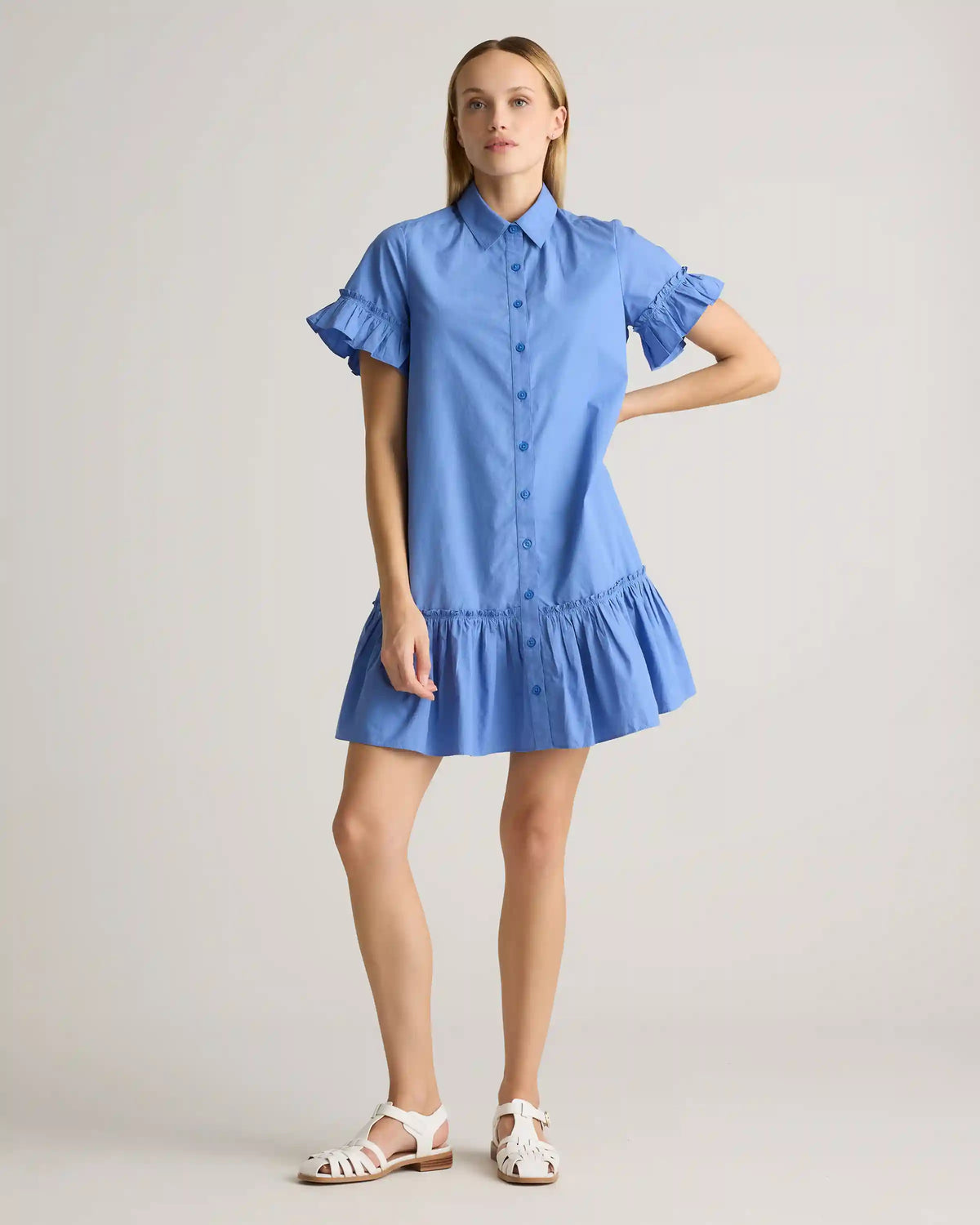 100% Organic Cotton Poplin Short Sleeve Ruffle Shirt Dress