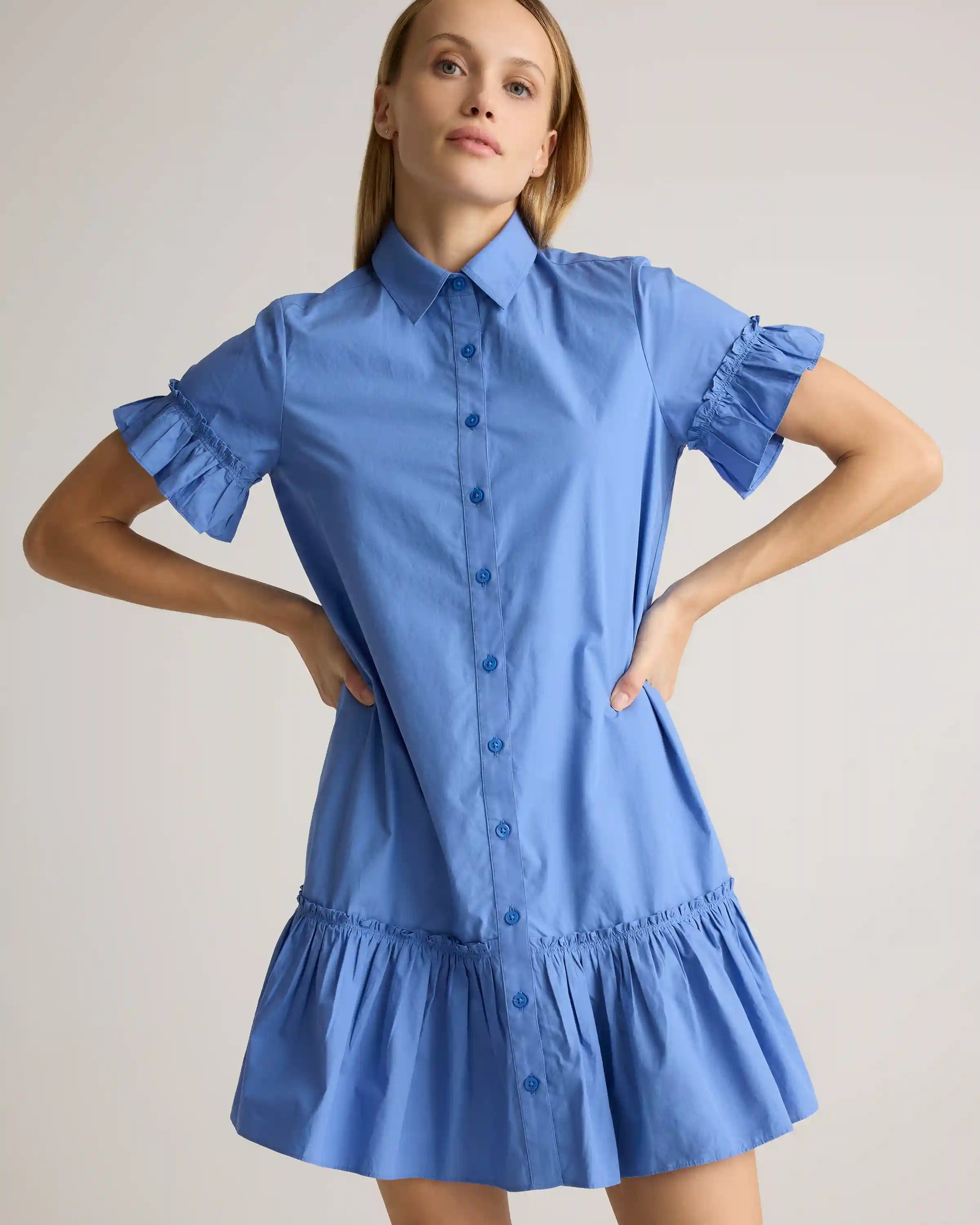 100% Organic Cotton Poplin Short Sleeve Ruffle Shirt Dress