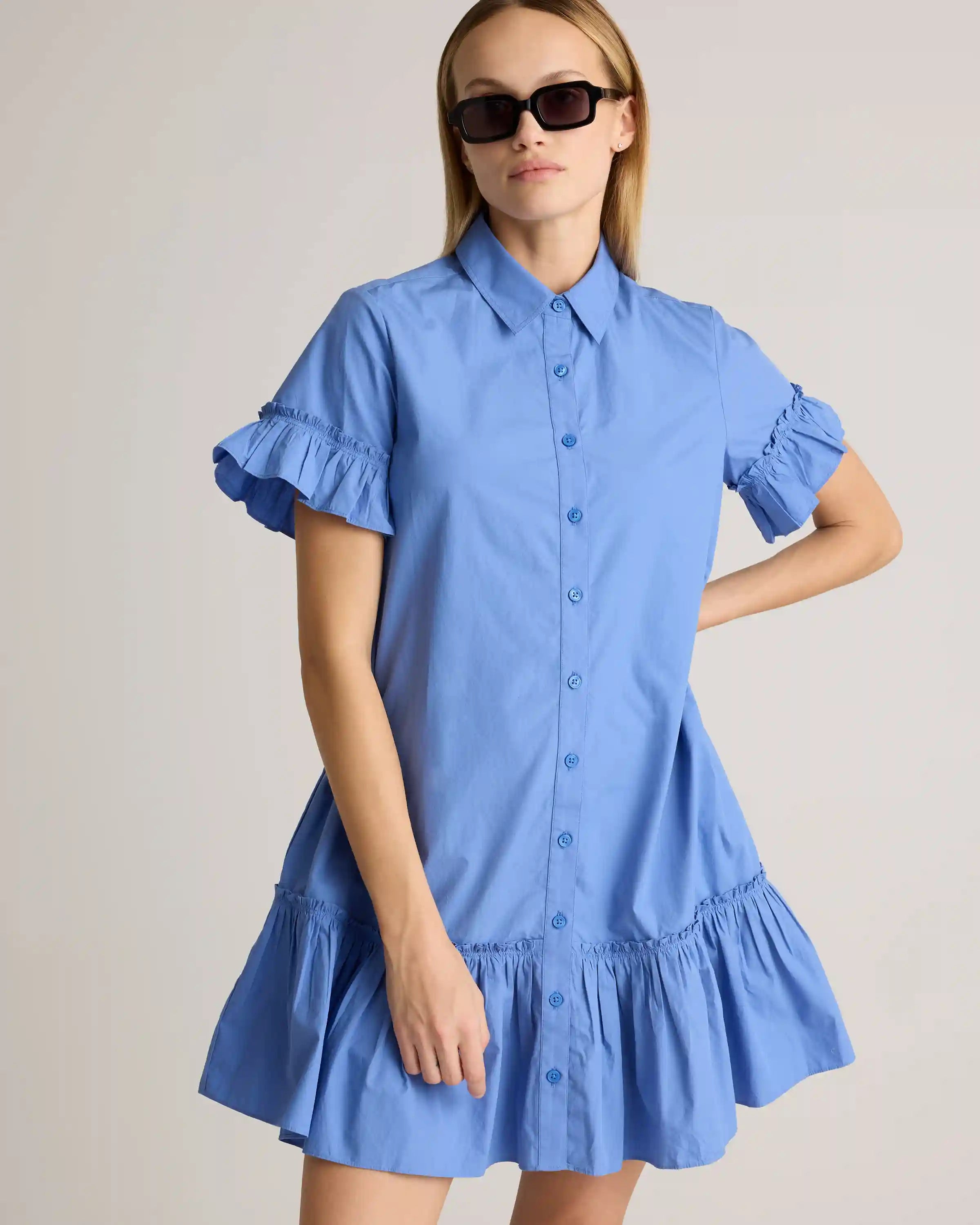 100% Organic Cotton Poplin Short Sleeve Ruffle Shirt Dress