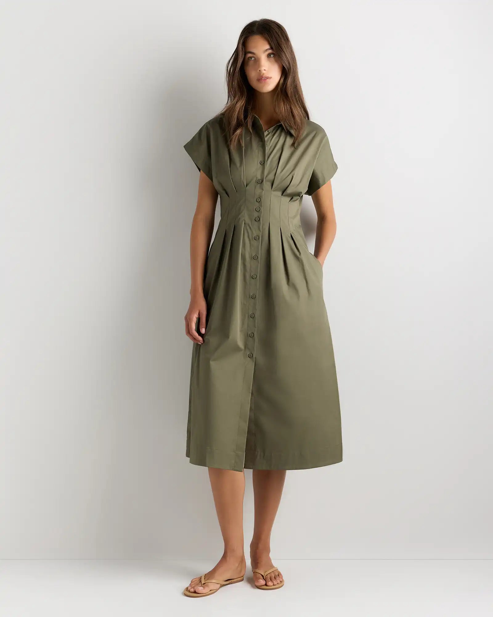 Stretch Twill Pleated Midi Shirt Dress