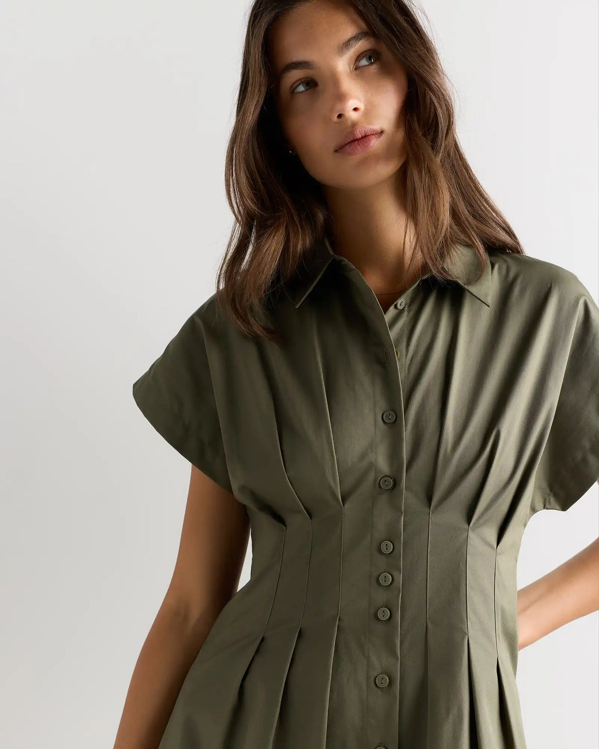 Stretch Twill Pleated Midi Shirt Dress