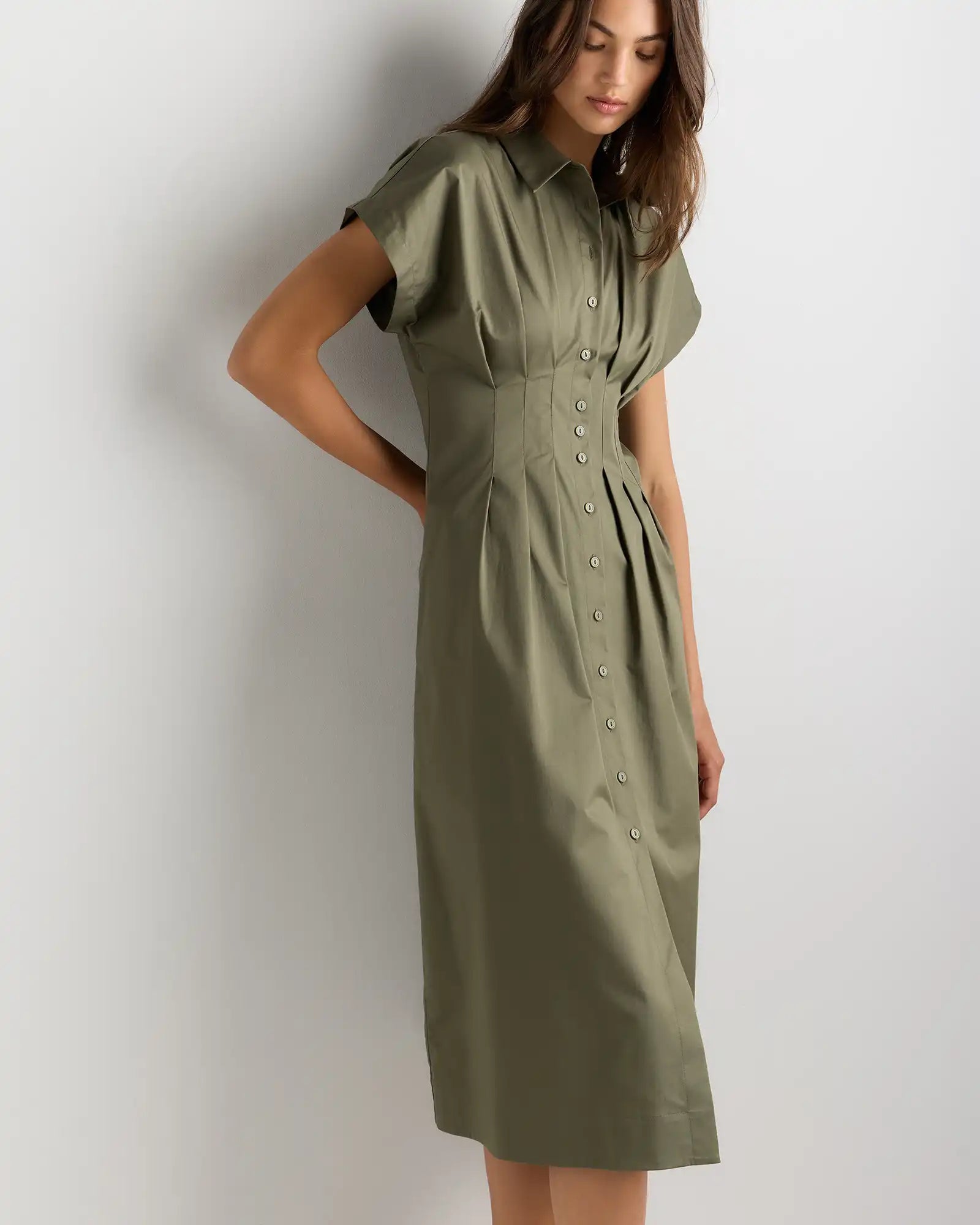 Stretch Twill Pleated Midi Shirt Dress