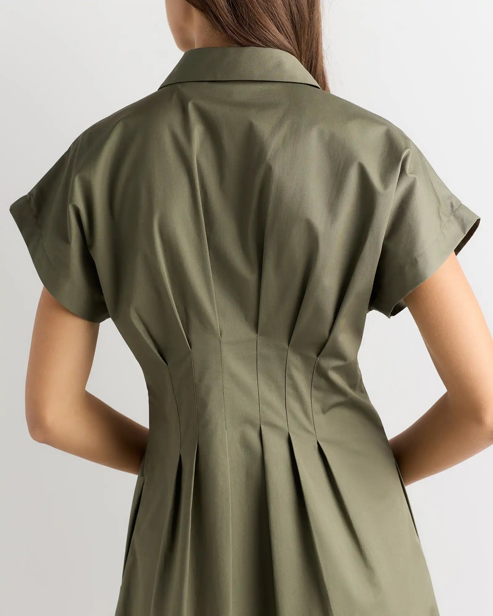 Stretch Twill Pleated Midi Shirt Dress