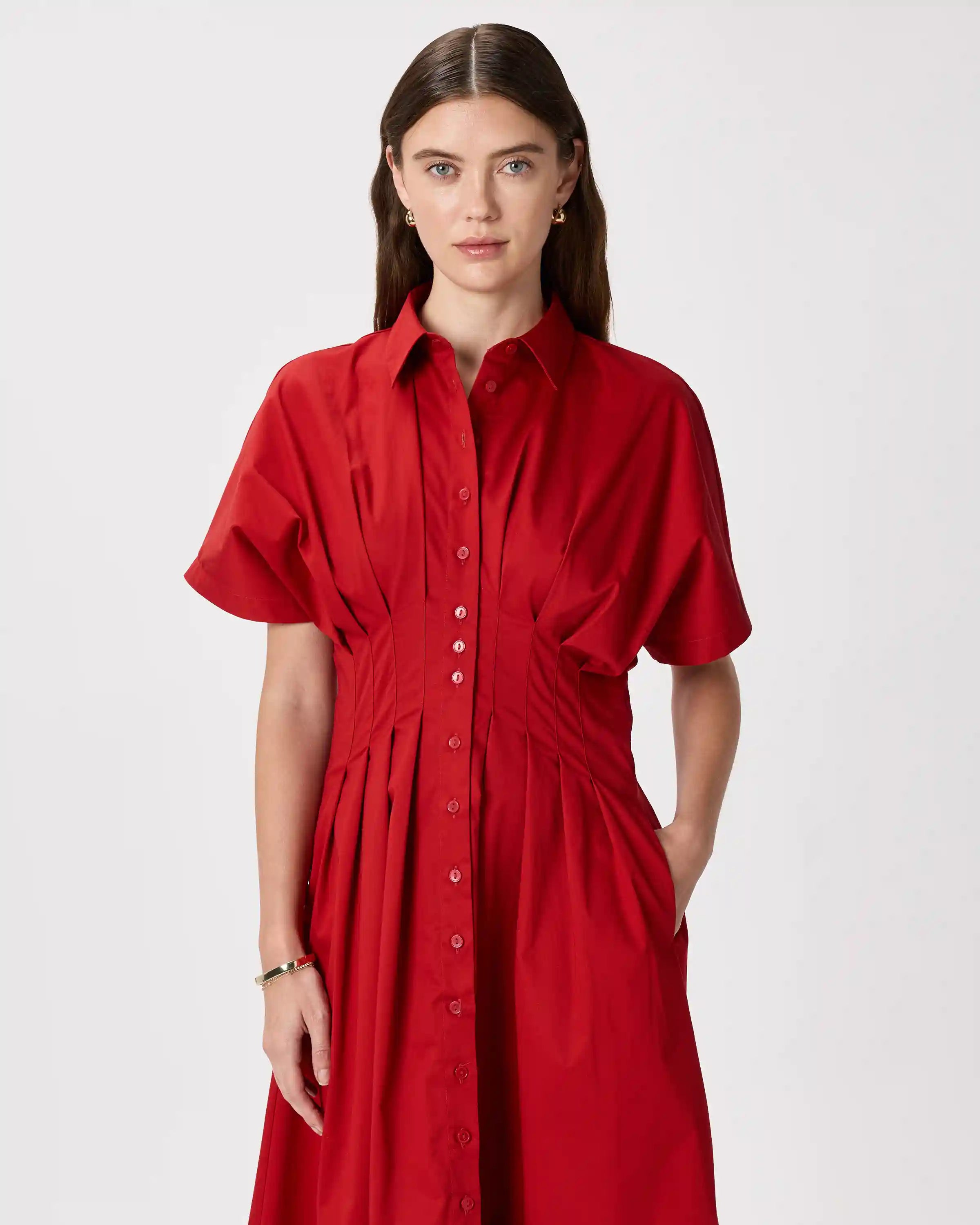 Stretch Twill Pleated Midi Shirt Dress