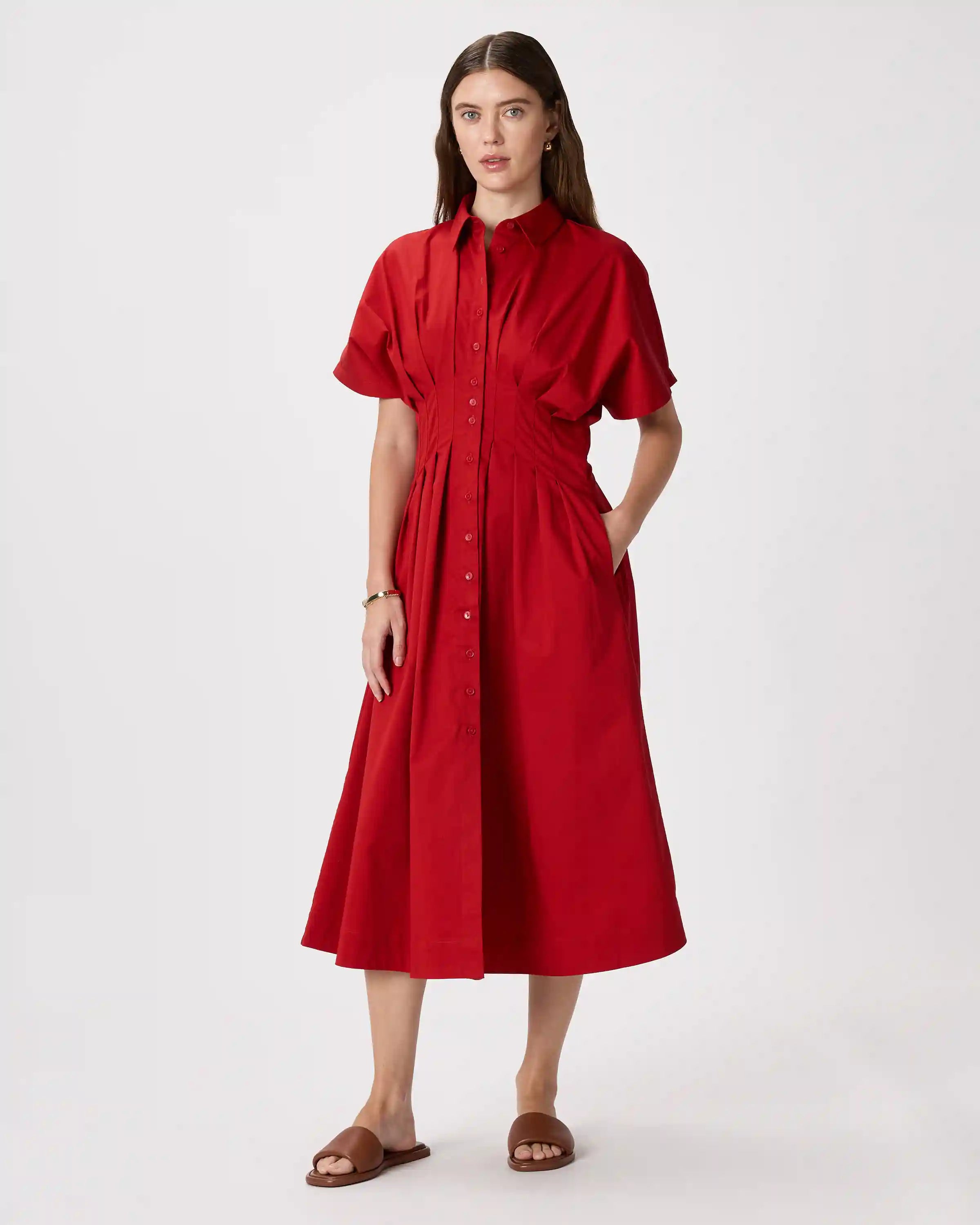 Stretch Twill Pleated Midi Shirt Dress