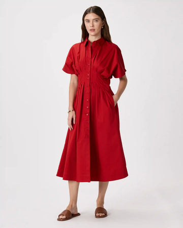 Stretch Twill Pleated Midi Shirt Dress