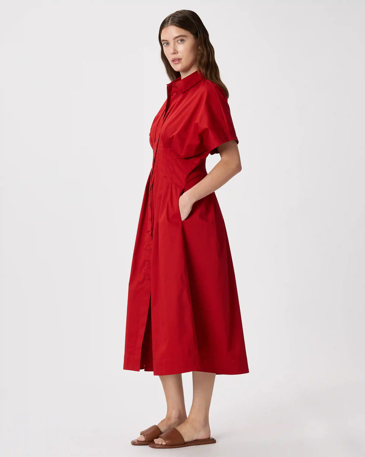 Stretch Twill Pleated Midi Shirt Dress