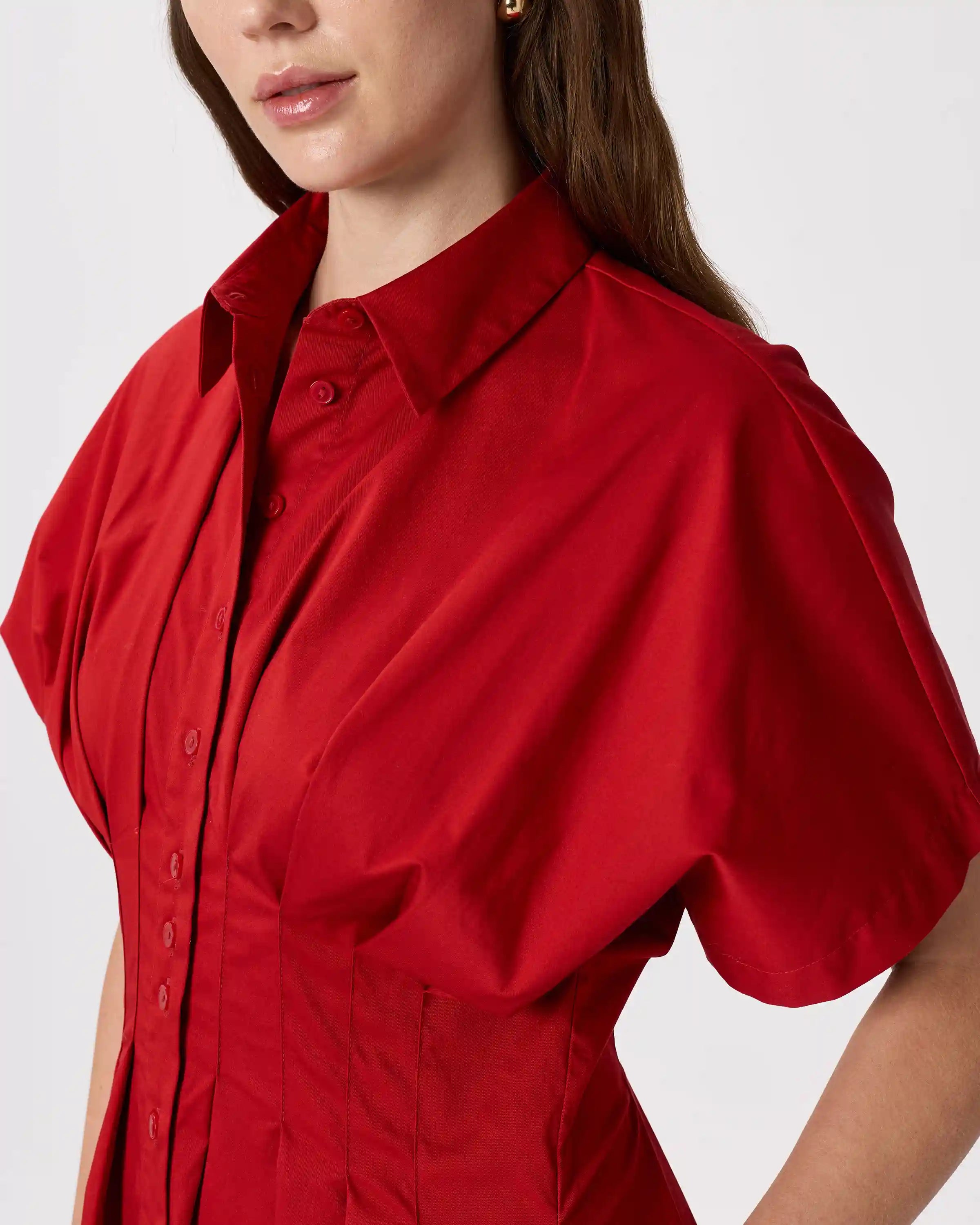 Stretch Twill Pleated Midi Shirt Dress