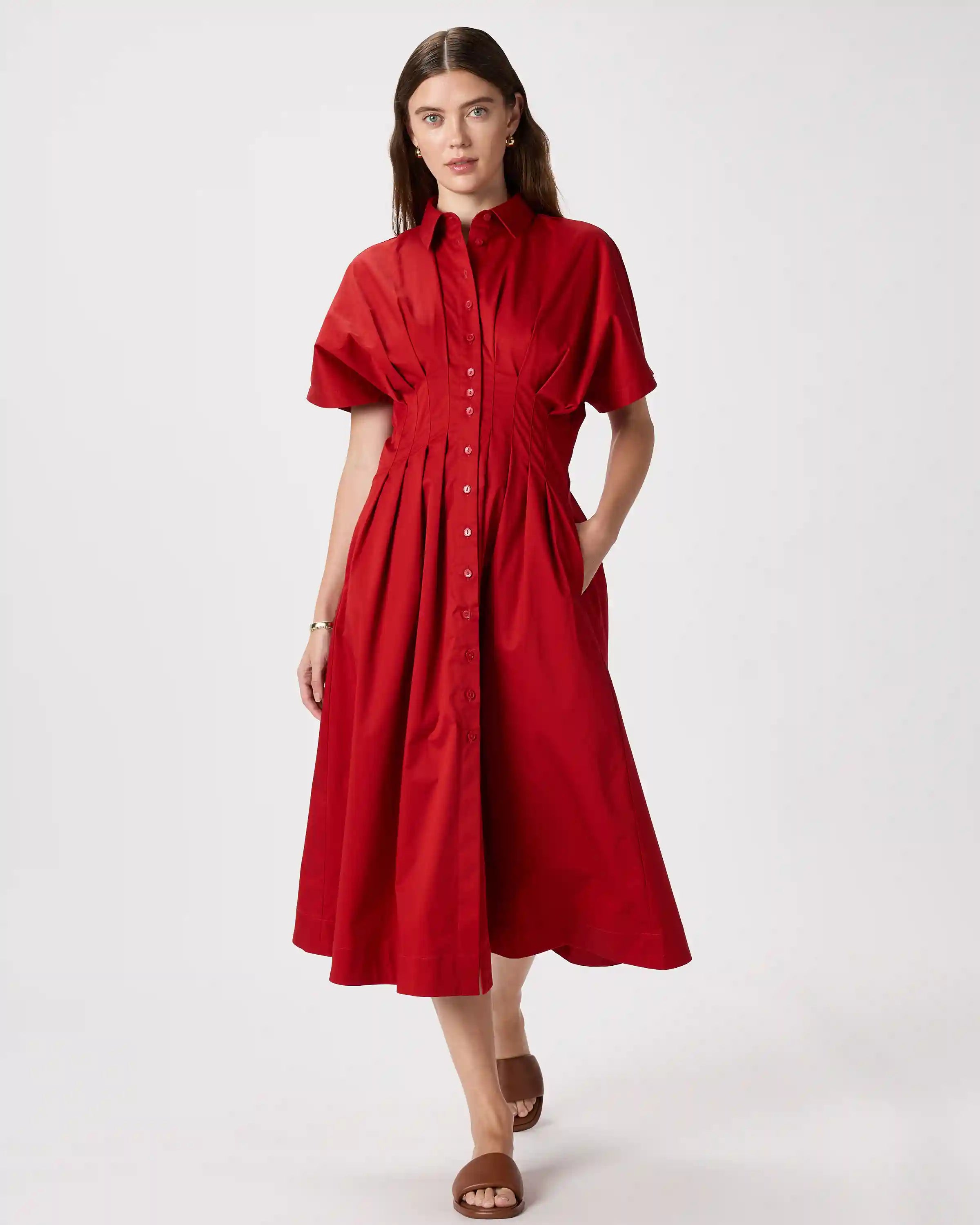Stretch Twill Pleated Midi Shirt Dress