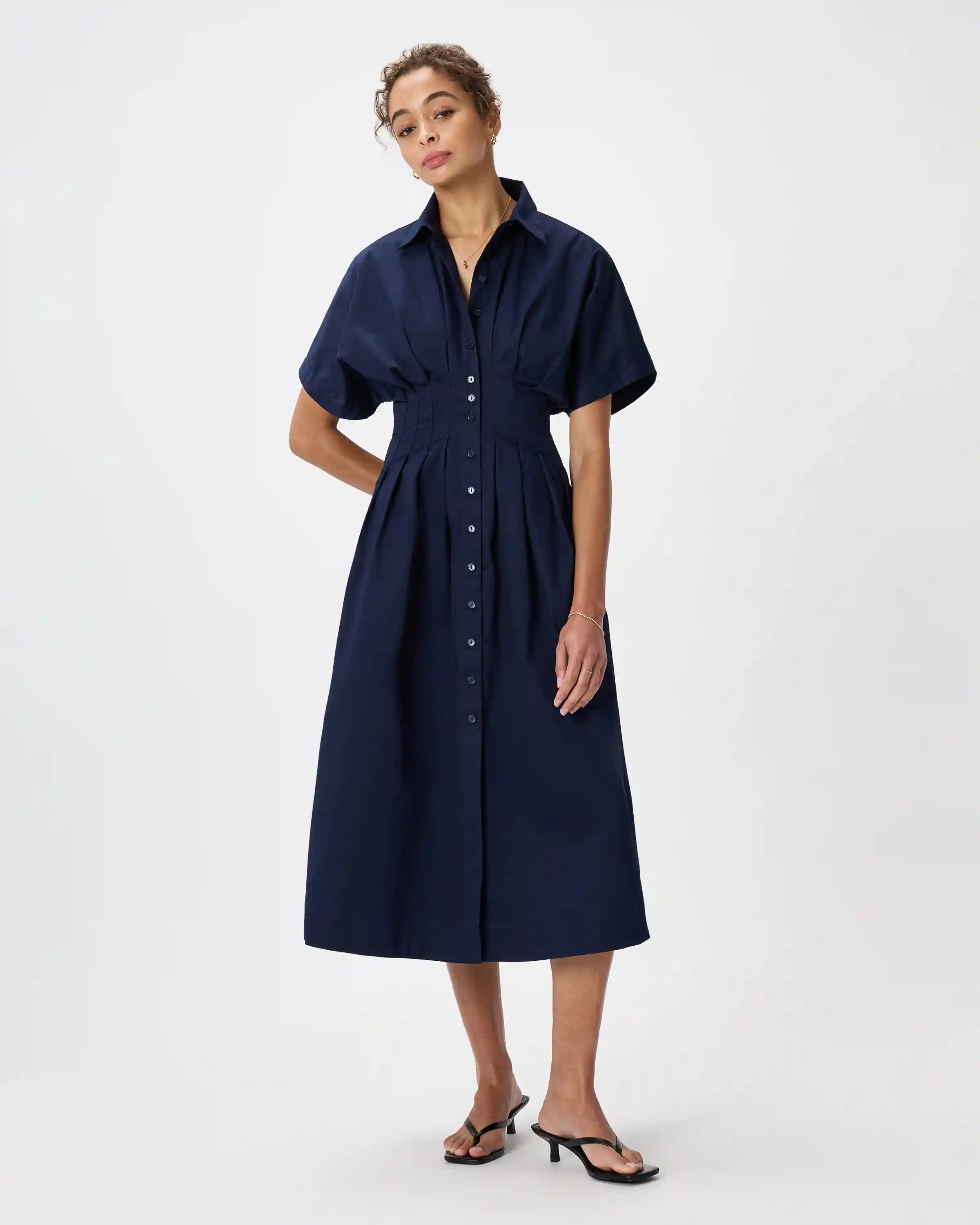 Stretch Twill Pleated Midi Shirt Dress