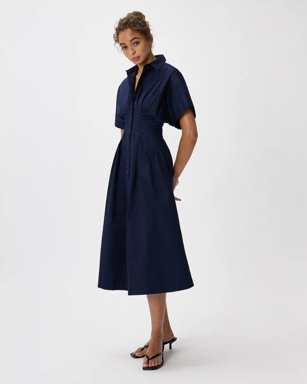 Stretch Twill Pleated Midi Shirt Dress