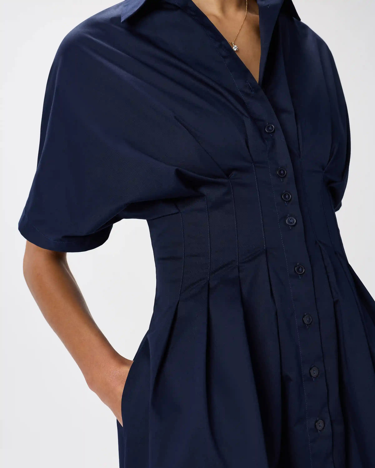 Stretch Twill Pleated Midi Shirt Dress
