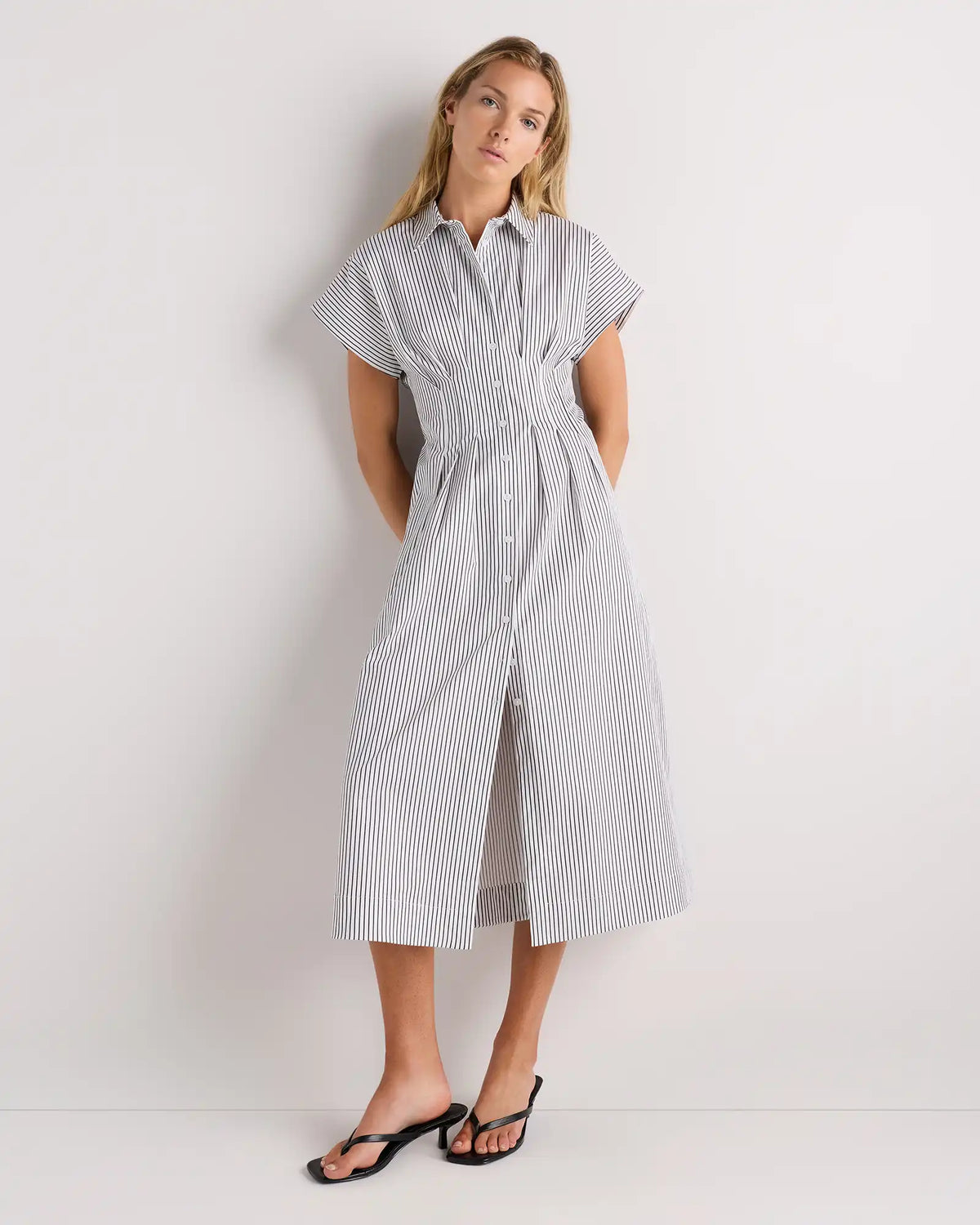 Stretch Twill Pleated Midi Shirt Dress
