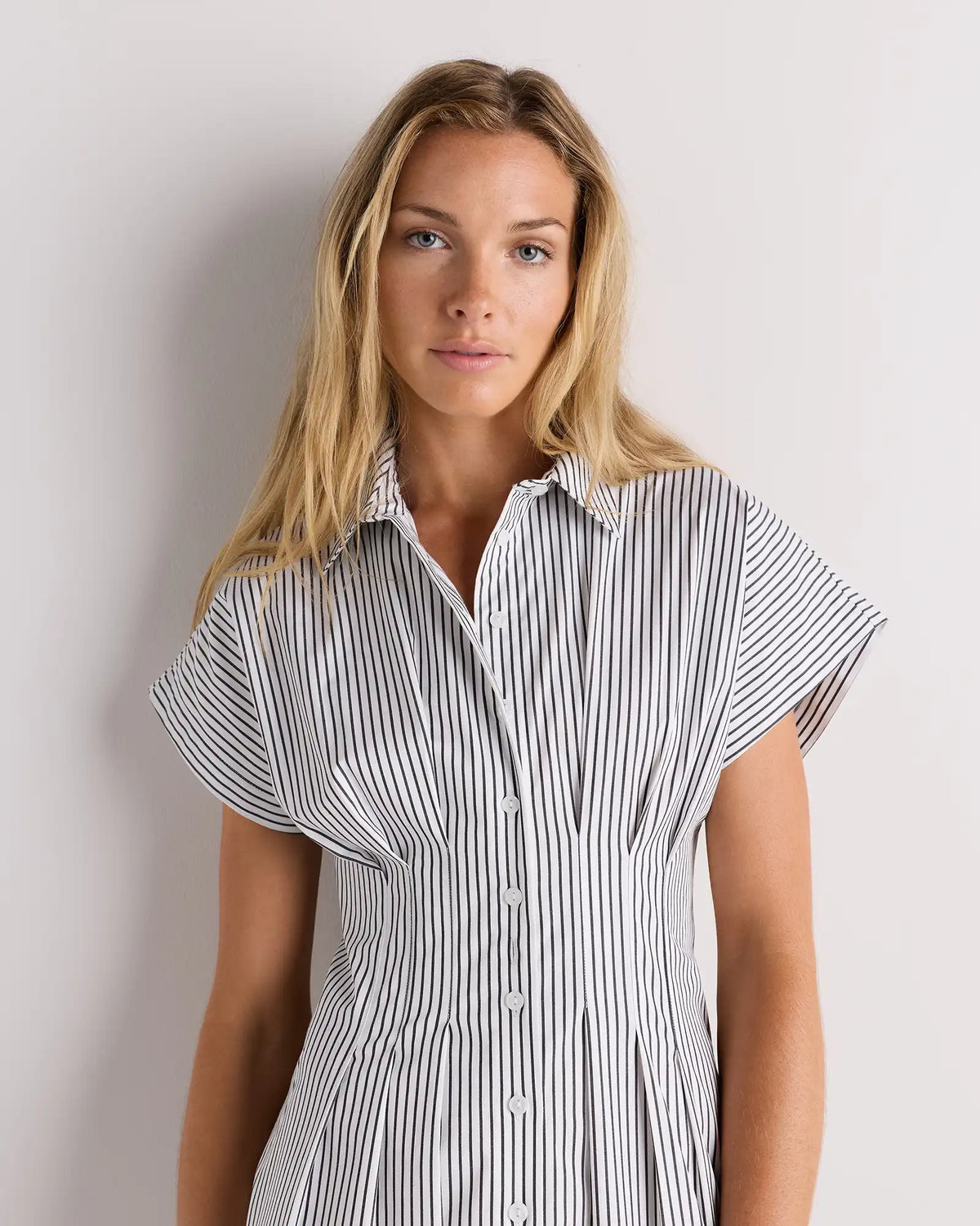 Stretch Twill Pleated Midi Shirt Dress