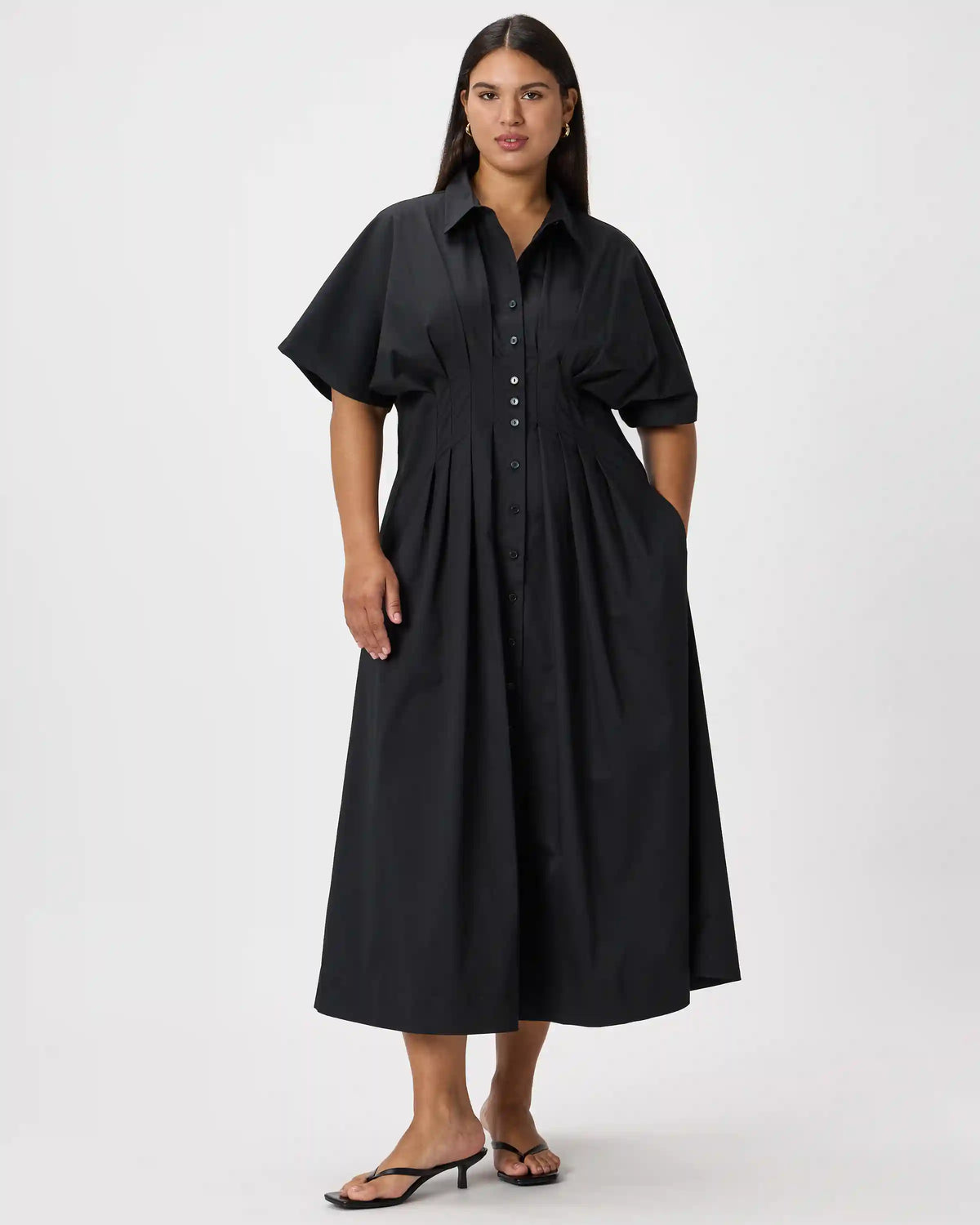 Stretch Twill Pleated Midi Shirt Dress