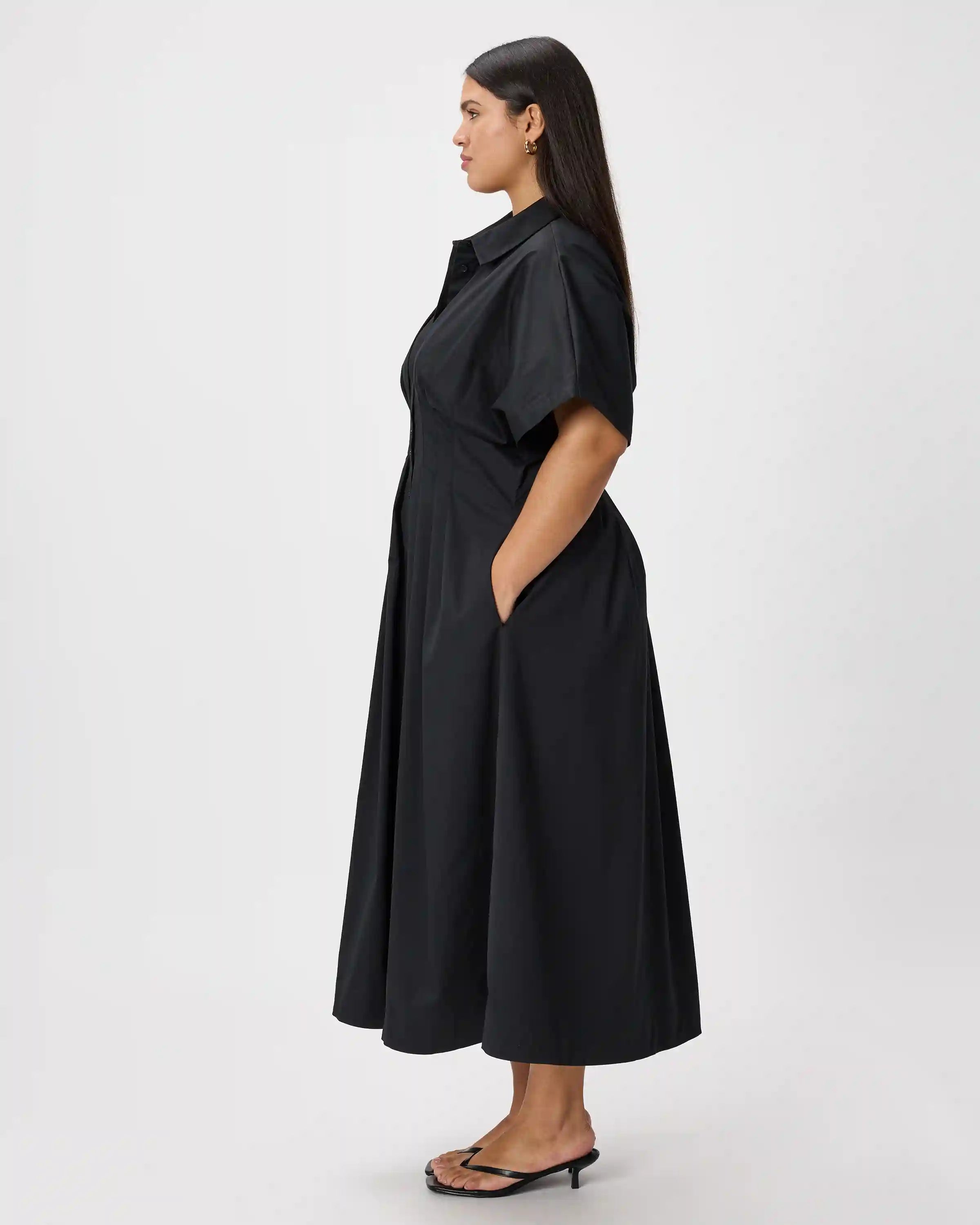 Stretch Twill Pleated Midi Shirt Dress