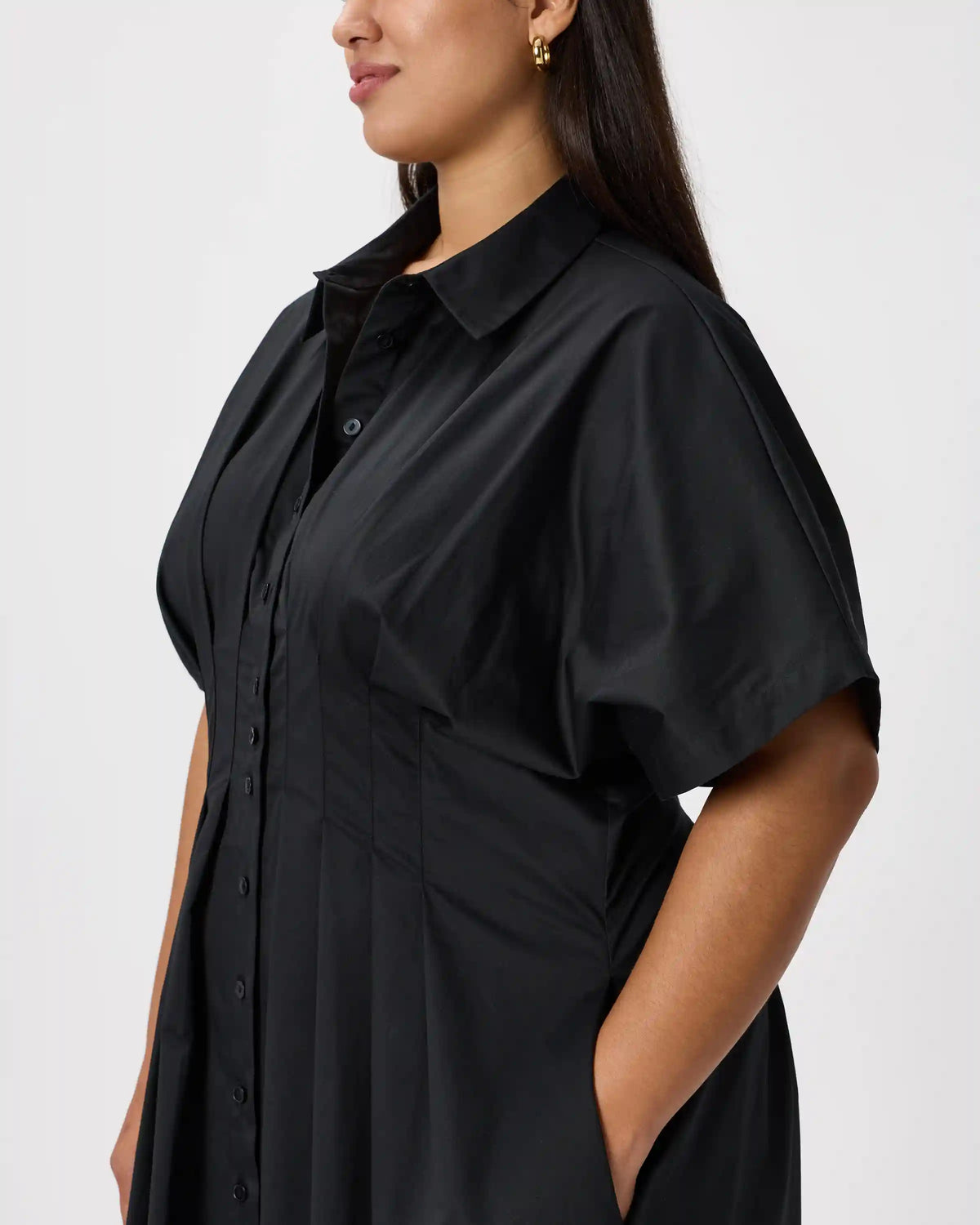 Stretch Twill Pleated Midi Shirt Dress