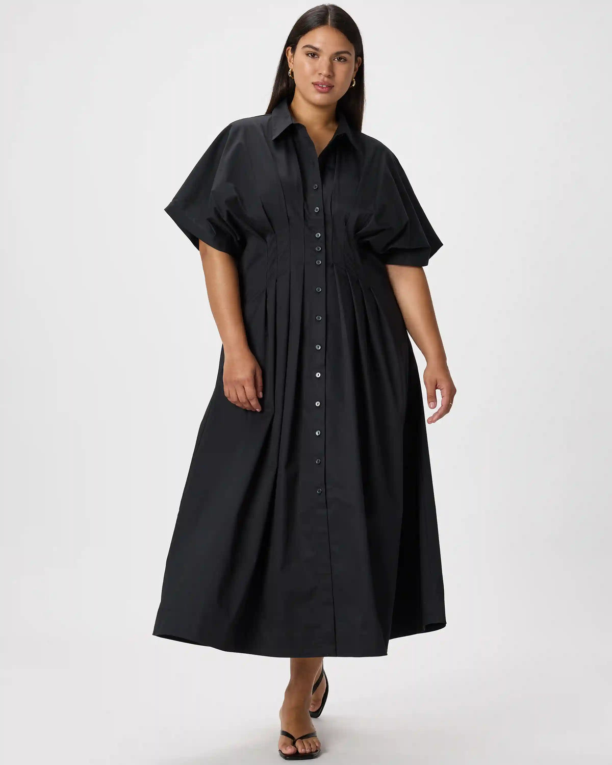 Stretch Twill Pleated Midi Shirt Dress