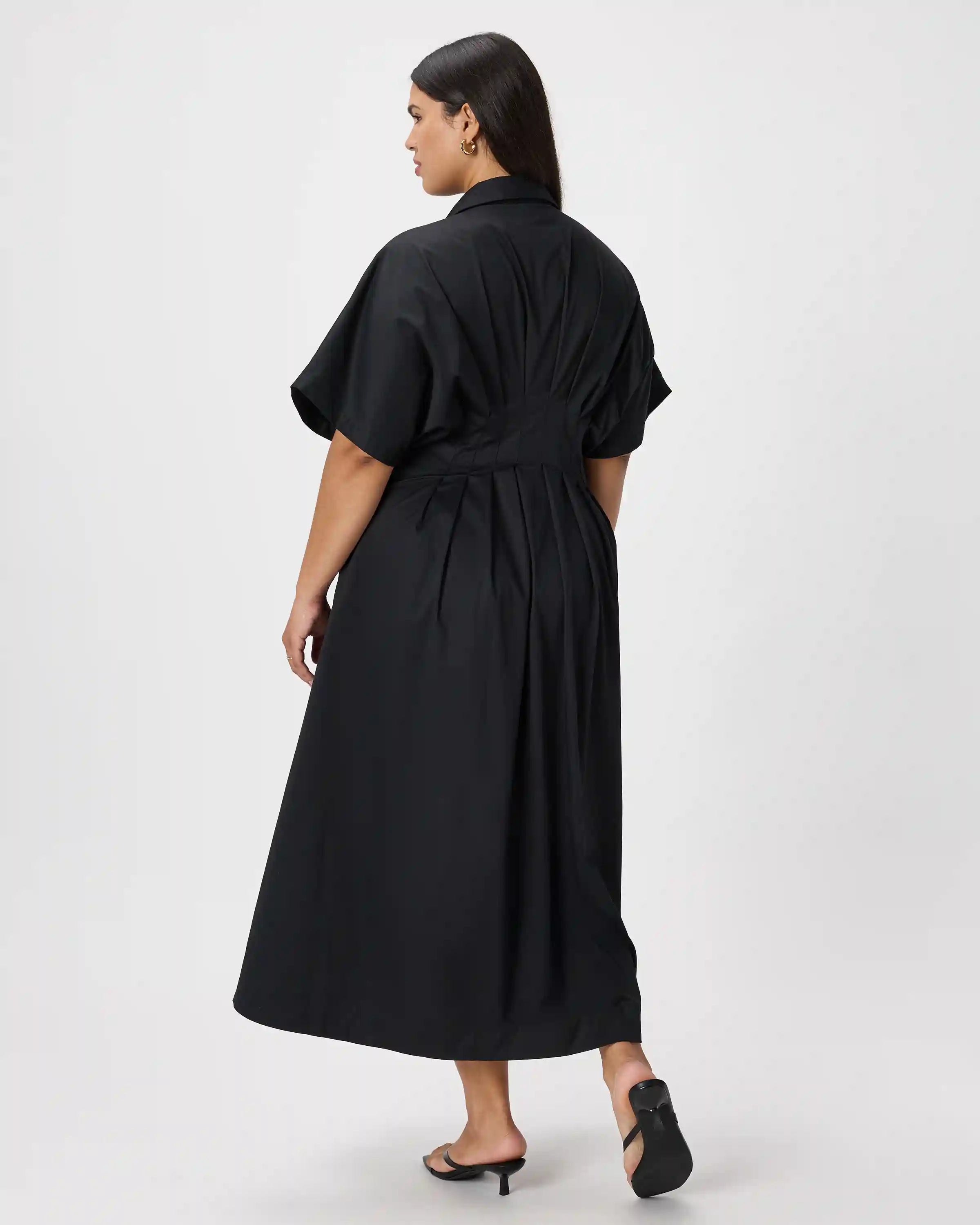 Stretch Twill Pleated Midi Shirt Dress