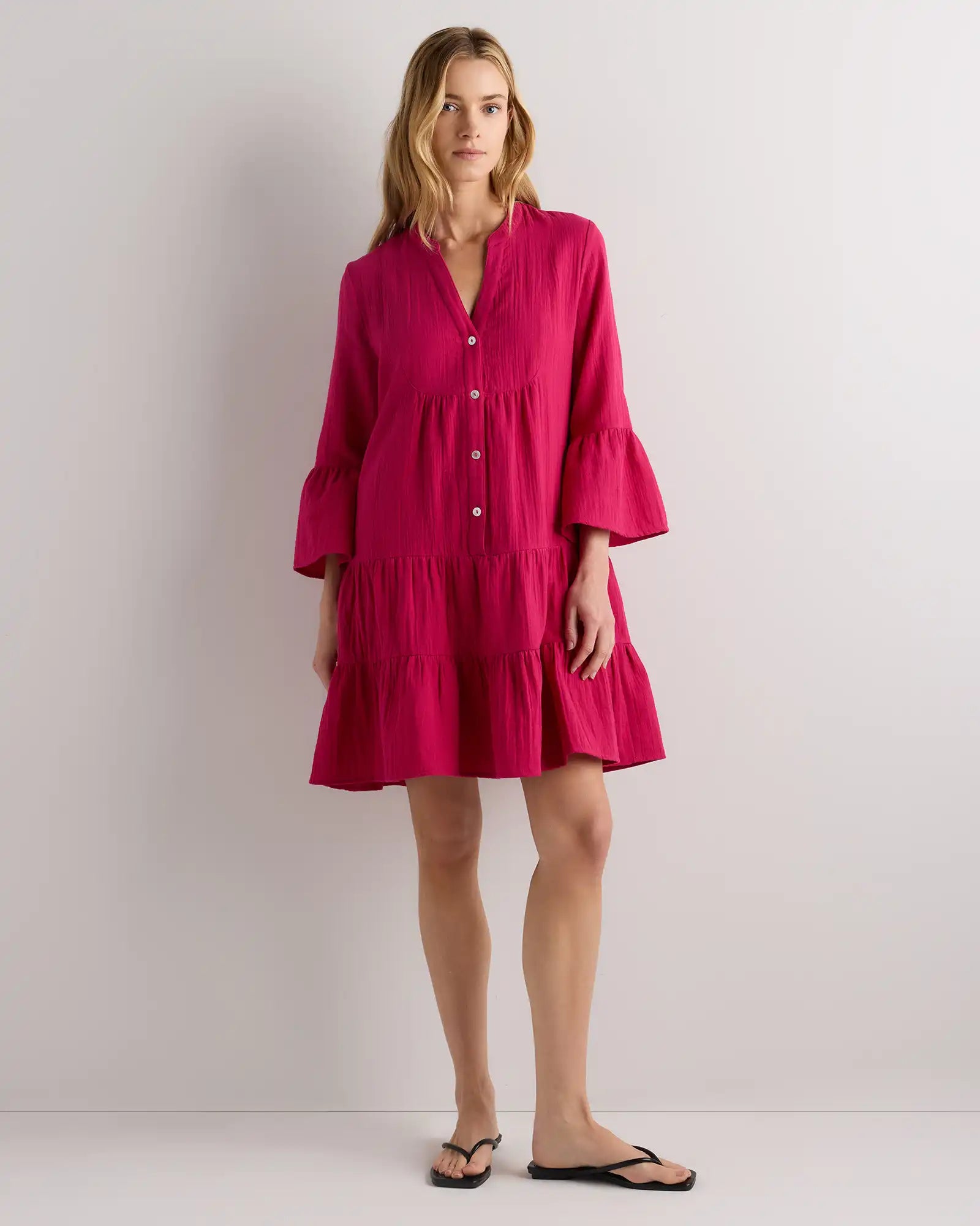 100% Organic Cotton Gauze Long Sleeve Tiered Mini Dress