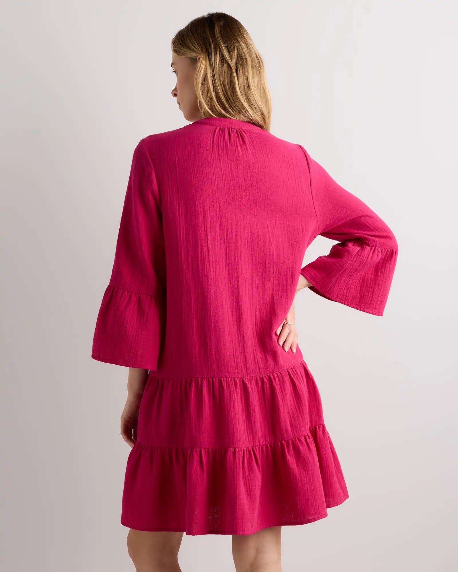 100% Organic Cotton Gauze Long Sleeve Tiered Mini Dress