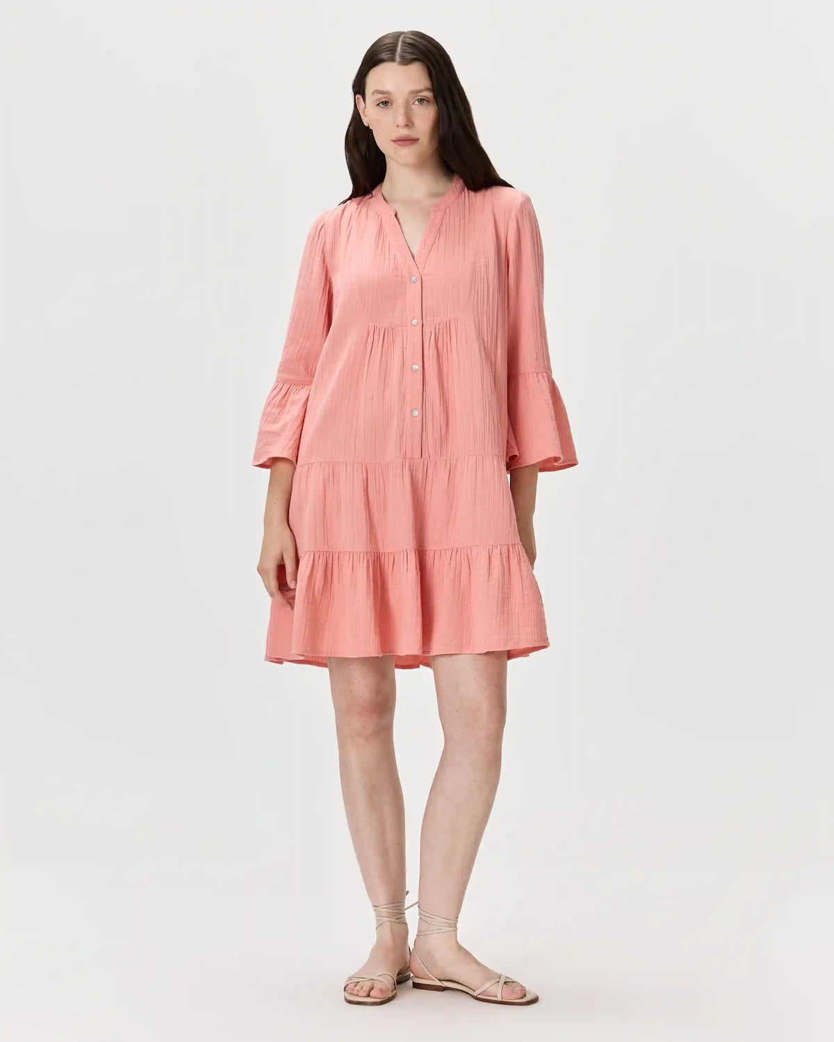100% Organic Cotton Gauze Long Sleeve Tiered Mini Dress