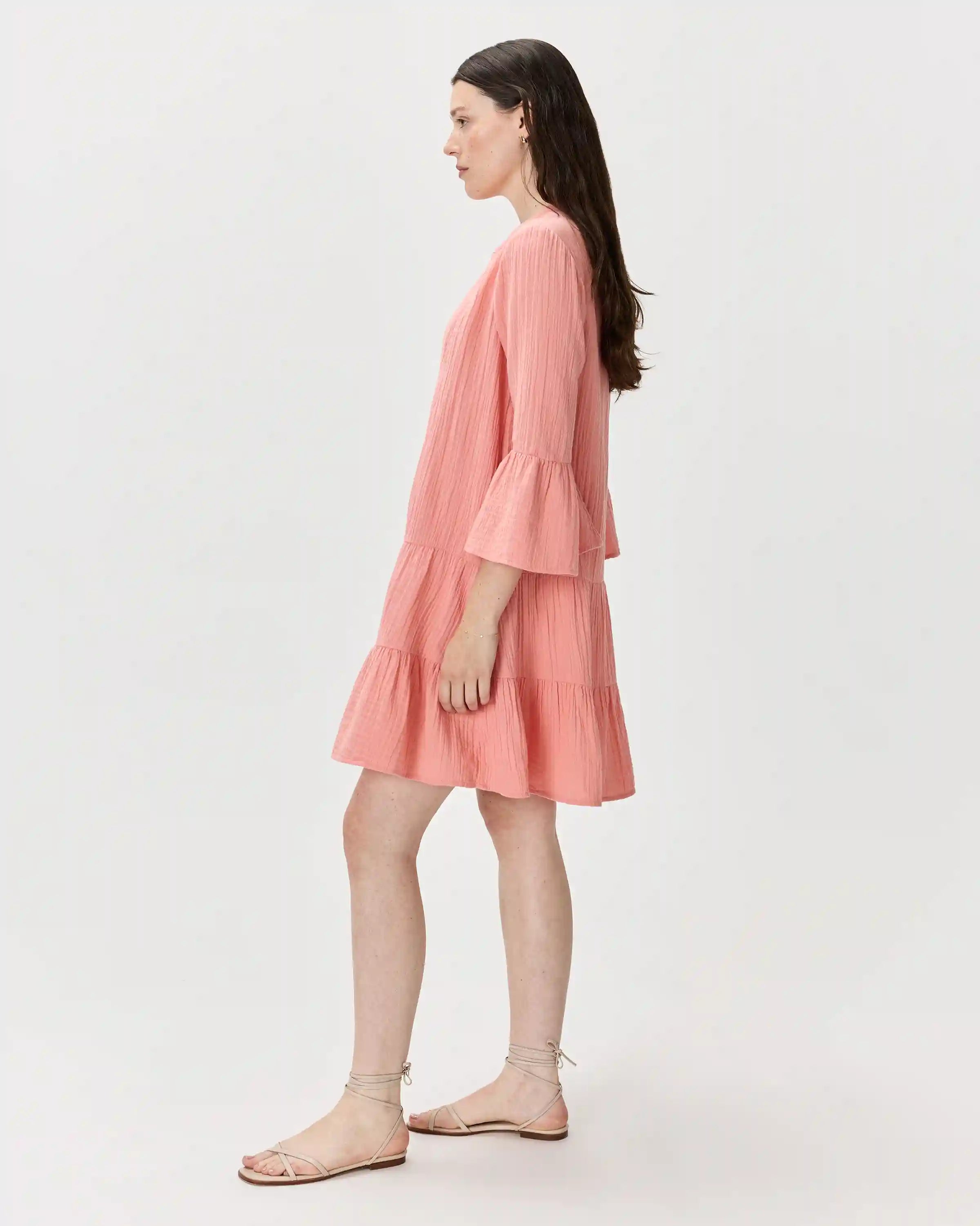 100% Organic Cotton Gauze Long Sleeve Tiered Mini Dress