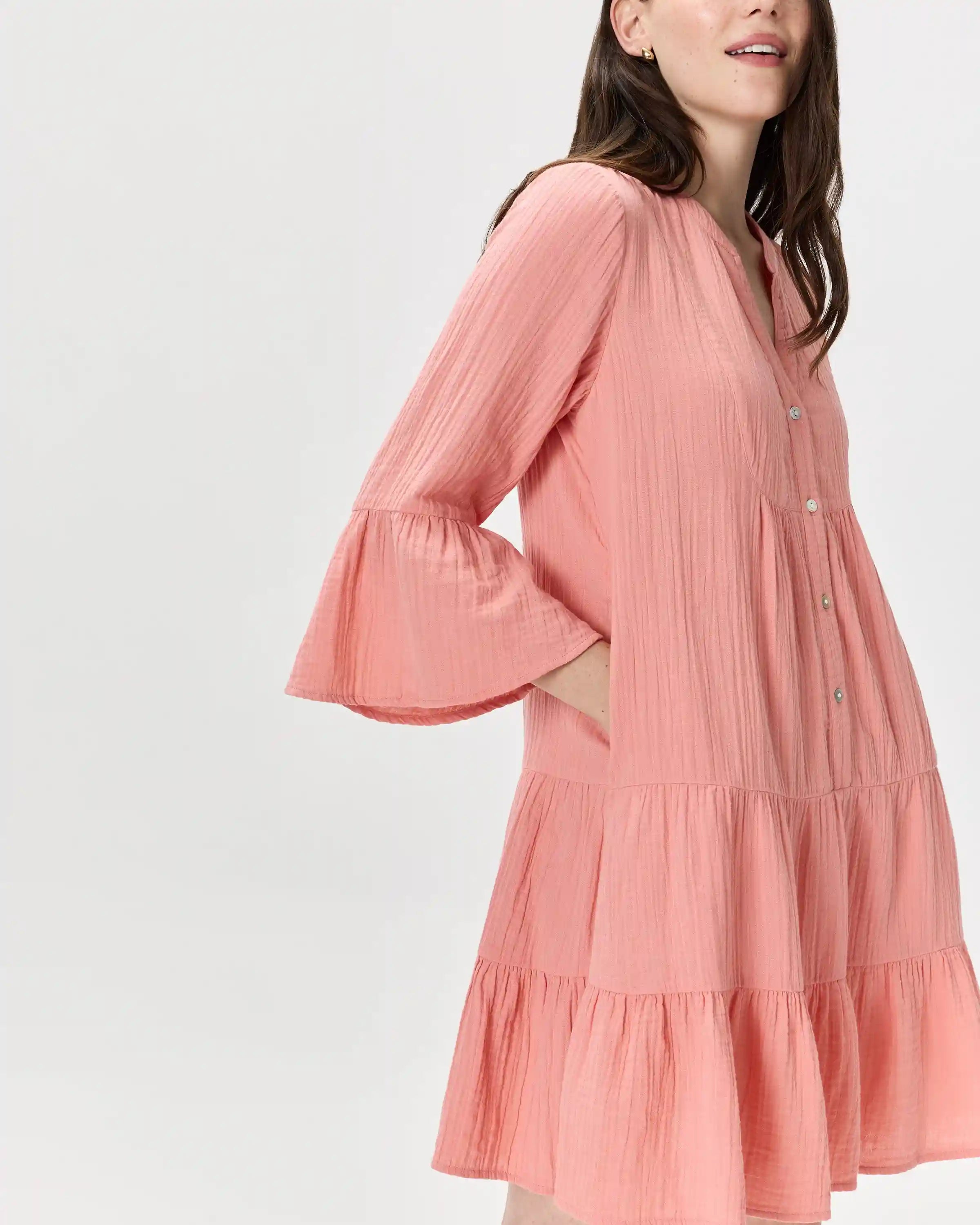 100% Organic Cotton Gauze Long Sleeve Tiered Mini Dress