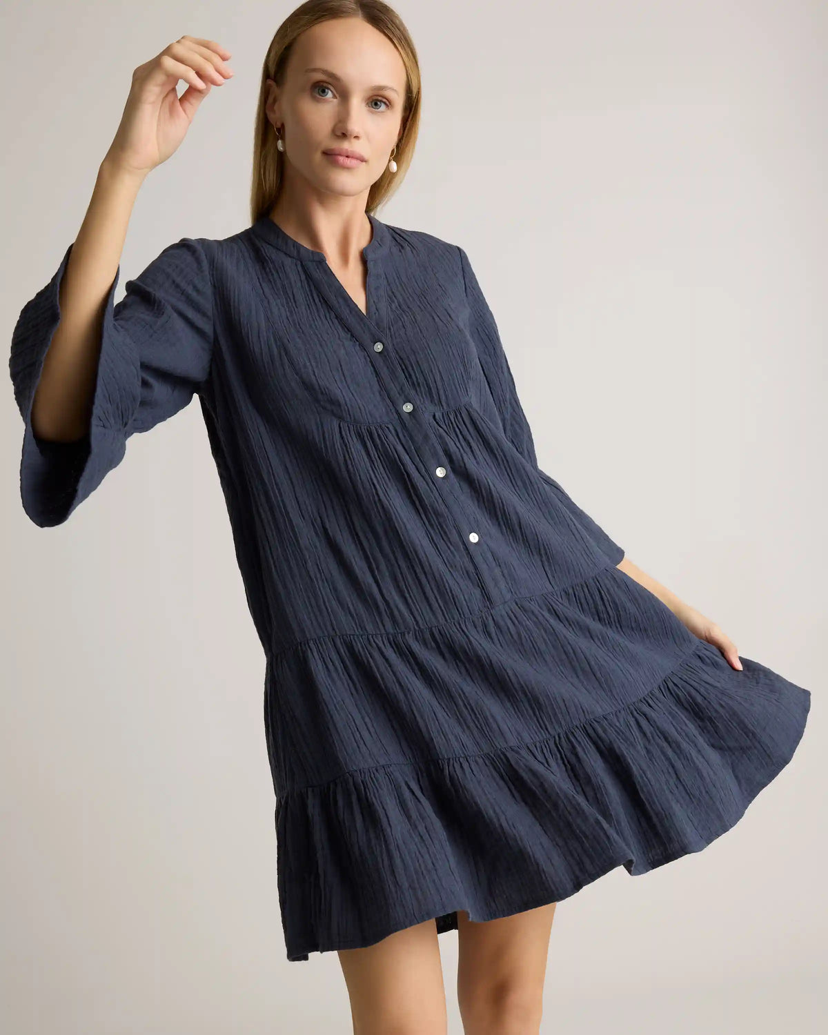 100% Organic Cotton Gauze Long Sleeve Tiered Mini Dress