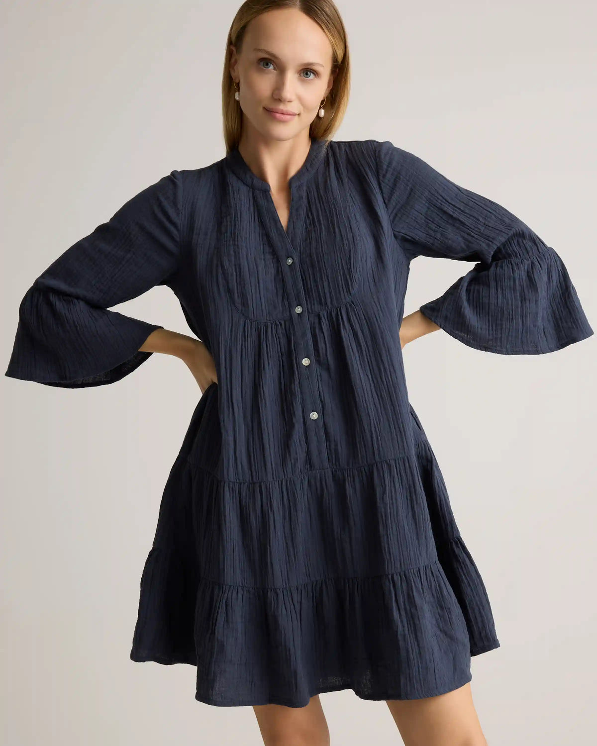 100% Organic Cotton Gauze Long Sleeve Tiered Mini Dress